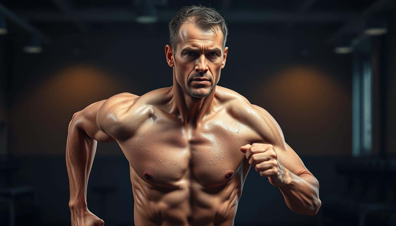 A human figure in a running pose, covered in a sheen of sweat, stands against a blurred background of a dimly lit indoor gym. The skin has a realistic, textured appearance, and the musculature is clearly defined, showcasing the intense physical exertion. Beads of perspiration glisten on the forehead and upper body, conveying the feeling of fluid loss during the exercise session. The lighting is soft and directional, creating dramatic shadows that accentuate the contours of the body. The image captures the physiological impact of strenuous physical activity, serving as a visual representation of the section on "Understanding Fluid Loss During Intense Exercise". A human figure in a running pose, covered in a sheen of sweat, stands against a blurred background of a dimly lit indoor gym. The skin has a realistic, textured appearance, and the musculature is clearly defined, showcasing the intense physical exertion. Beads of perspiration glisten on the forehead and upper body, conveying the feeling of fluid loss during the exercise session. The lighting is soft and directional, creating dramatic shadows that accentuate the contours of the body. The image captures the physiological impact of strenuous physical activity, serving as a visual representation of the section on "Understanding Fluid Loss During Intense Exercise".