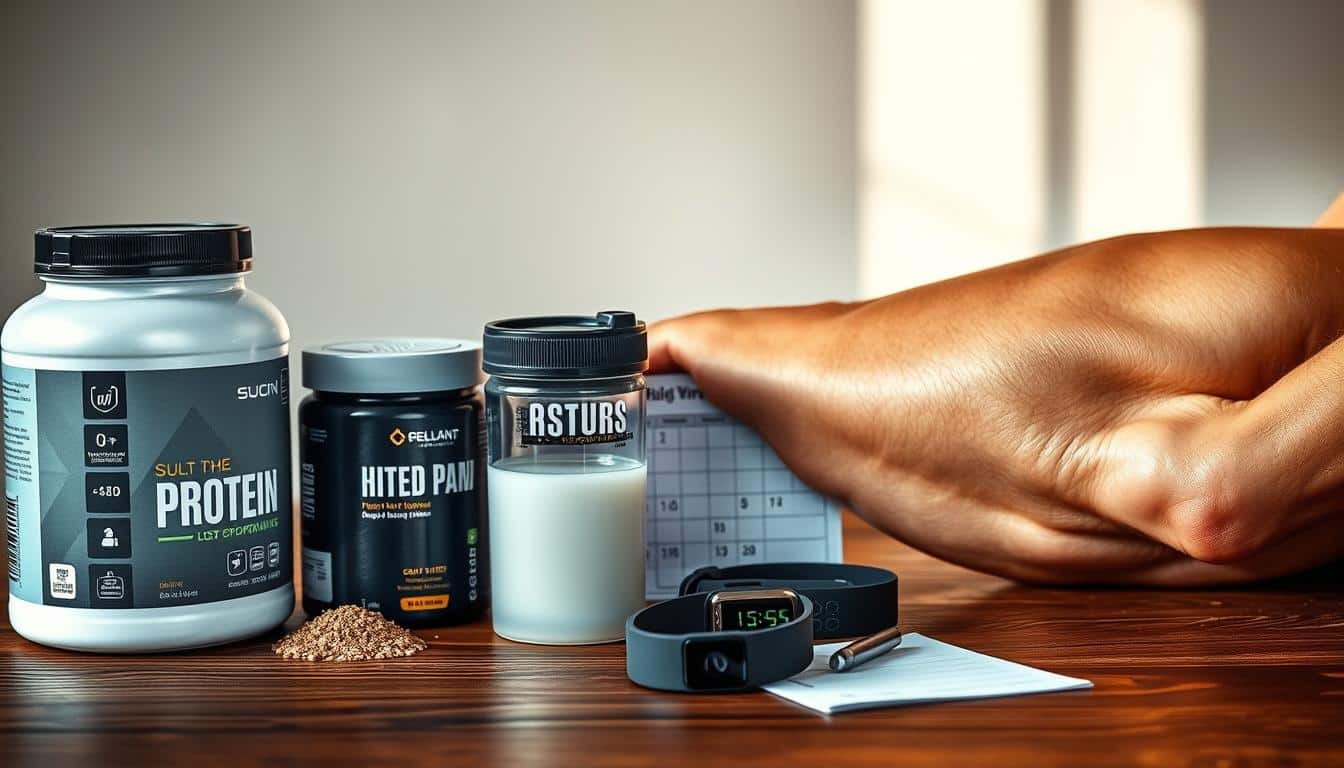 A hyper-realistic photo of a muscular arm with veins popping, resting on a wooden table. In the foreground, an array of nutritional supplements - protein powder, shaker bottle, and sports drink. The middle ground features a digital fitness tracker and a written training schedule. The background is softly blurred, with a clean, minimalist aesthetic. The lighting is natural, with subtle shadows and highlights accentuating the details. The overall mood is one of focused, post-workout recovery and replenishment. A hyper-realistic photo of a muscular arm with veins popping, resting on a wooden table. In the foreground, an array of nutritional supplements - protein powder, shaker bottle, and sports drink. The middle ground features a digital fitness tracker and a written training schedule. The background is softly blurred, with a clean, minimalist aesthetic. The lighting is natural, with subtle shadows and highlights accentuating the details. The overall mood is one of focused, post-workout recovery and replenishment.
