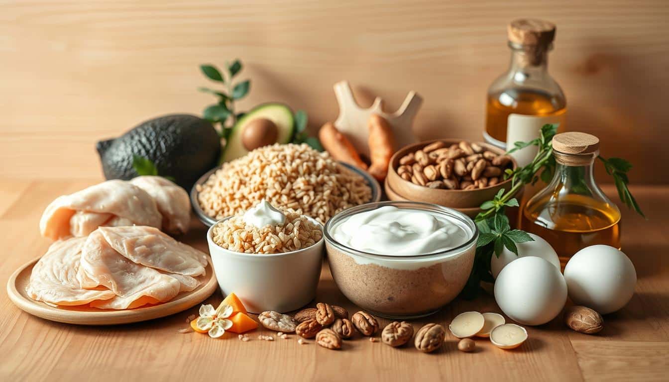 A meticulously detailed, highly realistic photograph of a selection of common macronutrients arranged on a simple, minimalist wooden table. In the foreground, there are various protein sources such as chicken breast, eggs, and Greek yogurt. In the middle ground, complex carbohydrates like brown rice, quinoa, and sweet potatoes are prominently displayed. The background showcases healthy fats such as avocado, nuts, and olive oil. The lighting is soft and natural, creating a warm, inviting atmosphere. The composition is aesthetically pleasing, with each element carefully positioned to emphasize the harmony and synergy of these essential nutrients for post-workout recovery and muscle growth. A meticulously detailed, highly realistic photograph of a selection of common macronutrients arranged on a simple, minimalist wooden table. In the foreground, there are various protein sources such as chicken breast, eggs, and Greek yogurt. In the middle ground, complex carbohydrates like brown rice, quinoa, and sweet potatoes are prominently displayed. The background showcases healthy fats such as avocado, nuts, and olive oil. The lighting is soft and natural, creating a warm, inviting atmosphere. The composition is aesthetically pleasing, with each element carefully positioned to emphasize the harmony and synergy of these essential nutrients for post-workout recovery and muscle growth.