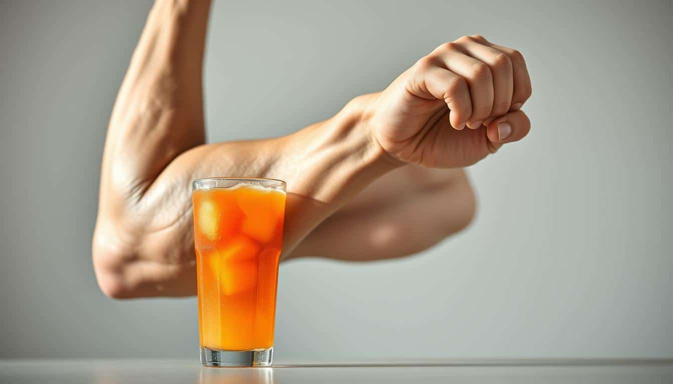 A muscular arm in natural lighting, flexing to reveal defined biceps and triceps. The skin glistens with a slight sheen, showcasing the underlying musculature. In the foreground, a glass filled with a vibrant, nutrient-rich recovery drink, condensation beading on the surface. In the background, a simple, uncluttered setting, allowing the focus to remain on the arm and the recovery drink. The overall scene conveys the benefits of proper carb and protein intake for muscle recovery, with a clean, crisp, and professional visual aesthetic. A muscular arm in natural lighting, flexing to reveal defined biceps and triceps. The skin glistens with a slight sheen, showcasing the underlying musculature. In the foreground, a glass filled with a vibrant, nutrient-rich recovery drink, condensation beading on the surface. In the background, a simple, uncluttered setting, allowing the focus to remain on the arm and the recovery drink. The overall scene conveys the benefits of proper carb and protein intake for muscle recovery, with a clean, crisp, and professional visual aesthetic.