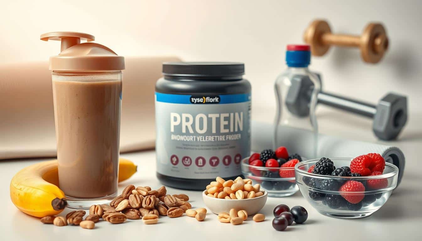A neatly arranged still life of essential post-workout nutrition items set against a clean, bright background. In the foreground, a protein shake with a metal shaker, a handful of mixed nuts, and a banana. In the middle ground, a container of protein powder, a sports bottle, and a small bowl of electrolyte-rich berries. In the background, a yoga mat and a dumbbell, hinting at the recent workout. The lighting is soft and natural, creating a crisp, clean, and inviting atmosphere. A neatly arranged still life of essential post-workout nutrition items set against a clean, bright background. In the foreground, a protein shake with a metal shaker, a handful of mixed nuts, and a banana. In the middle ground, a container of protein powder, a sports bottle, and a small bowl of electrolyte-rich berries. In the background, a yoga mat and a dumbbell, hinting at the recent workout. The lighting is soft and natural, creating a crisp, clean, and inviting atmosphere.
