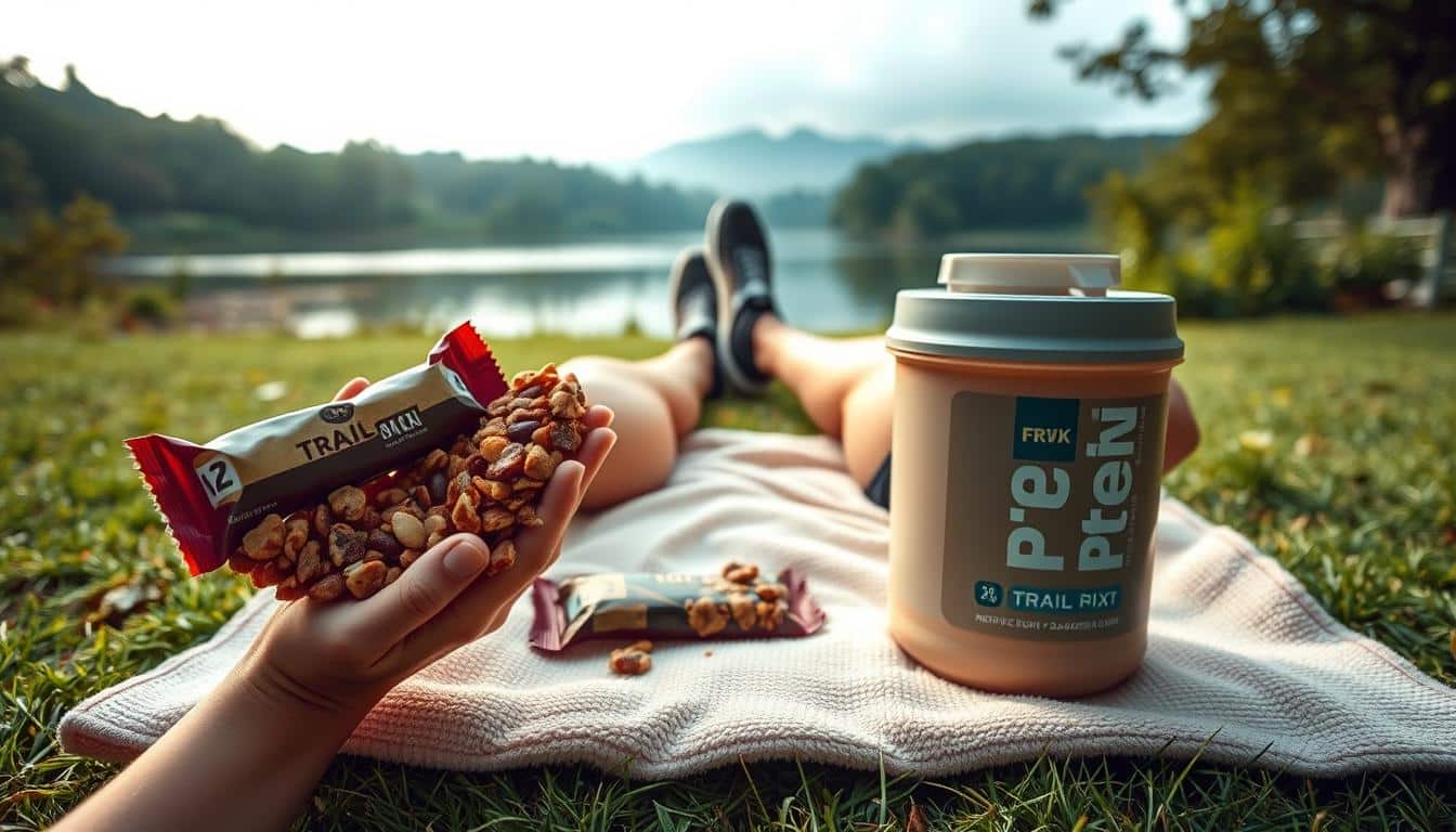 A serene, post-run recovery scene showcasing the benefits of protein snacks for runners. In the foreground, a runner's hands hold a variety of nutrient-dense protein-rich snacks - energy bars, trail mix, and a protein shake. The middle ground features the runner's legs, clad in athletic wear, resting on a soft, plush towel. In the background, a tranquil setting with lush greenery, a calming body of water, and soft, diffused lighting creates a sense of relaxation and rejuvenation. Captured with a wide-angle lens, the image conveys the holistic, restorative experience of post-run recovery fueled by high-quality protein snacks. A serene, post-run recovery scene showcasing the benefits of protein snacks for runners. In the foreground, a runner's hands hold a variety of nutrient-dense protein-rich snacks - energy bars, trail mix, and a protein shake. The middle ground features the runner's legs, clad in athletic wear, resting on a soft, plush towel. In the background, a tranquil setting with lush greenery, a calming body of water, and soft, diffused lighting creates a sense of relaxation and rejuvenation. Captured with a wide-angle lens, the image conveys the holistic, restorative experience of post-run recovery fueled by high-quality protein snacks.
