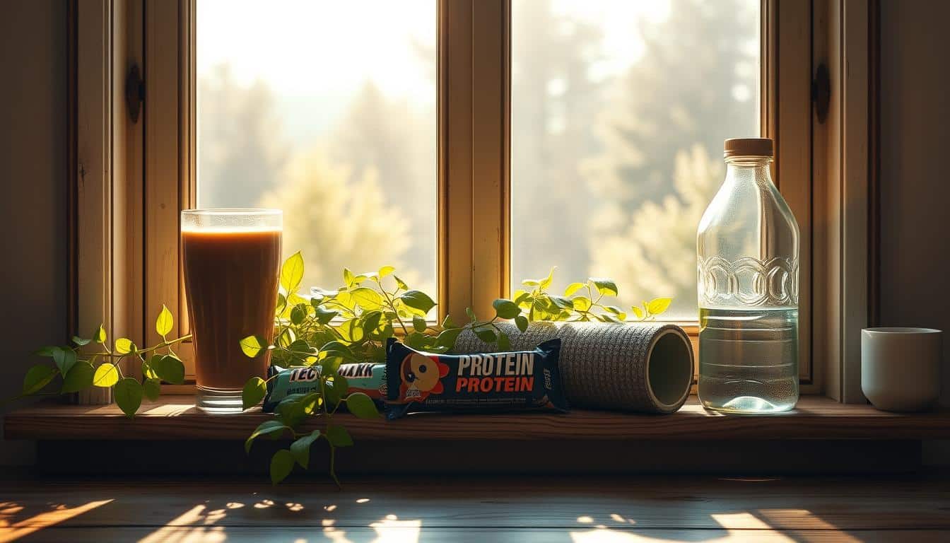 A sunlit window overlooking a serene outdoor scene, the frame filled with an array of post-workout recovery essentials - a glass of chocolate milk, a protein bar, a foam roller, and a water bottle. The window's weathered wooden sill is adorned with lush green plants, casting soft shadows across the scene. Warm, diffused light streams in, casting a golden glow and highlighting the textures of the various recovery items. The composition is balanced, with the window framing the recovery elements in a visually appealing and harmonious manner. The overall mood is one of calm, rejuvenation, and a sense of the restorative power of proper post-workout recovery. A sunlit window overlooking a serene outdoor scene, the frame filled with an array of post-workout recovery essentials - a glass of chocolate milk, a protein bar, a foam roller, and a water bottle. The window's weathered wooden sill is adorned with lush green plants, casting soft shadows across the scene. Warm, diffused light streams in, casting a golden glow and highlighting the textures of the various recovery items. The composition is balanced, with the window framing the recovery elements in a visually appealing and harmonious manner. The overall mood is one of calm, rejuvenation, and a sense of the restorative power of proper post-workout recovery.