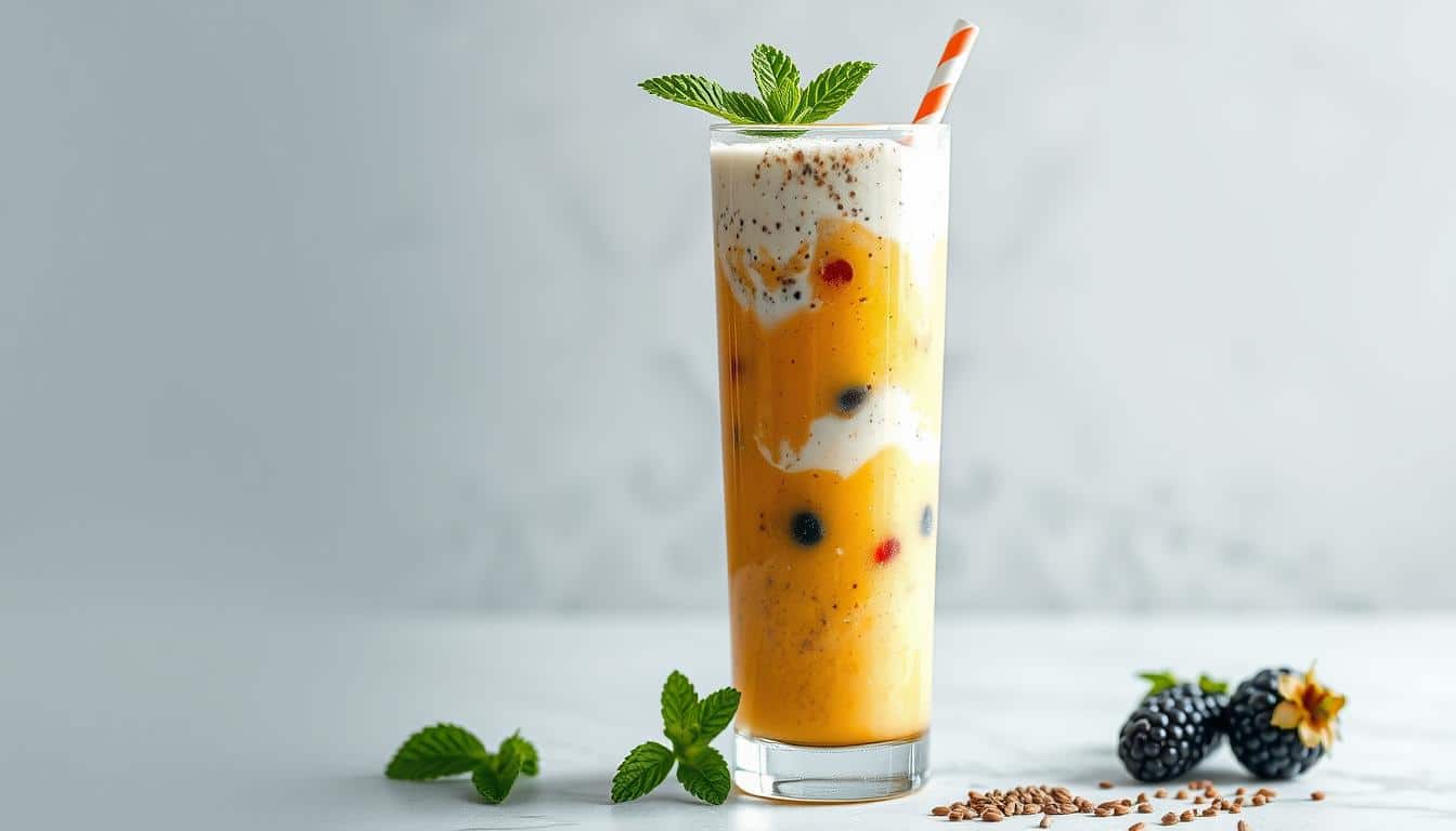 A tall, frosty glass filled with a vibrant, nutrient-dense smoothie, made with a blend of ripe, juicy fruits, creamy yogurt, and protein-rich ingredients like chia seeds and almond butter. The glass is positioned on a clean, minimalist surface, with a sprig of fresh mint and a straw adding a touch of natural elegance. The lighting is soft and diffused, highlighting the smooth, silky texture of the smoothie and the glossy sheen of the glass. The overall scene conveys a sense of health, vitality, and the perfect post-workout recovery refreshment. A tall, frosty glass filled with a vibrant, nutrient-dense smoothie, made with a blend of ripe, juicy fruits, creamy yogurt, and protein-rich ingredients like chia seeds and almond butter. The glass is positioned on a clean, minimalist surface, with a sprig of fresh mint and a straw adding a touch of natural elegance. The lighting is soft and diffused, highlighting the smooth, silky texture of the smoothie and the glossy sheen of the glass. The overall scene conveys a sense of health, vitality, and the perfect post-workout recovery refreshment.