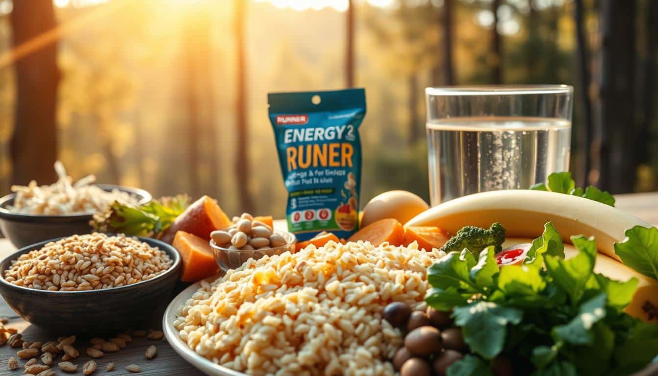 A vibrant, high-resolution photograph showcasing various energy sources and carbohydrate-rich foods. In the foreground, a balanced plate displays a diverse array of whole grains, fruits, and vegetables, such as brown rice, sweet potatoes, bananas, and leafy greens, all bathed in warm, natural lighting. In the middle ground, a runner's energy gel pack and a glass of water represent the essential fuels for athletic performance. The background features a scenic, sun-dappled forest, evoking a sense of vitality and endurance. The overall composition conveys the importance of a balanced, carbohydrate-rich diet in supporting physical activity and optimal energy levels. A vibrant, high-resolution photograph showcasing various energy sources and carbohydrate-rich foods. In the foreground, a balanced plate displays a diverse array of whole grains, fruits, and vegetables, such as brown rice, sweet potatoes, bananas, and leafy greens, all bathed in warm, natural lighting. In the middle ground, a runner's energy gel pack and a glass of water represent the essential fuels for athletic performance. The background features a scenic, sun-dappled forest, evoking a sense of vitality and endurance. The overall composition conveys the importance of a balanced, carbohydrate-rich diet in supporting physical activity and optimal energy levels.