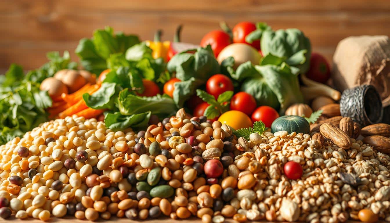 A vibrant still life capturing the diverse array of plant-based protein sources commonly found in nutritious meals. In the foreground, a variety of legumes, grains, and nuts are artfully arranged, each item showcasing its unique texture and hue. The middle ground features leafy greens, crisp vegetables, and colorful fruits, highlighting the complementary flavors and nutrient-dense ingredients that comprise a balanced, high-protein plant-based dish. Warm, natural lighting bathes the scene, casting subtle shadows and accentuating the succulent, appetizing qualities of the ingredients. The overall composition conveys a sense of abundance, health, and culinary sophistication, perfectly encapsulating the essence of a nourishing, plant-based high-protein meal. A vibrant still life capturing the diverse array of plant-based protein sources commonly found in nutritious meals. In the foreground, a variety of legumes, grains, and nuts are artfully arranged, each item showcasing its unique texture and hue. The middle ground features leafy greens, crisp vegetables, and colorful fruits, highlighting the complementary flavors and nutrient-dense ingredients that comprise a balanced, high-protein plant-based dish. Warm, natural lighting bathes the scene, casting subtle shadows and accentuating the succulent, appetizing qualities of the ingredients. The overall composition conveys a sense of abundance, health, and culinary sophistication, perfectly encapsulating the essence of a nourishing, plant-based high-protein meal.