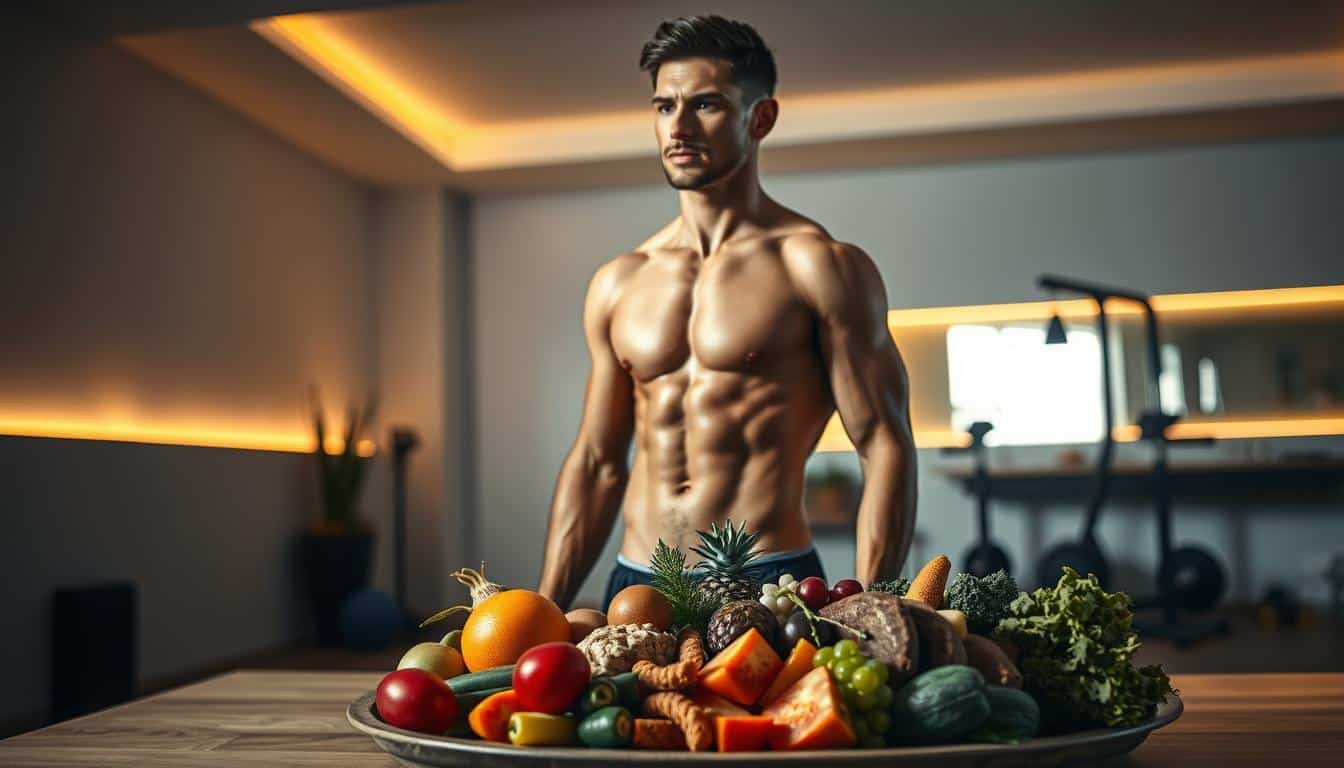 A well-defined post-workout recovery scene, showcasing a lean, muscular male figure in a serene, dimly lit environment. The subject stands in a relaxed stance, fresh from an intense training session, with beads of sweat glistening on his skin. The foreground features a platter of various nutrient-dense foods, including fruits, vegetables, and a protein-rich meal, signifying the importance of proper post-workout nutrition. The middle ground depicts a minimalist, contemporary interior with warm, soft lighting, creating a calming atmosphere. The background subtly suggests a modern, well-equipped home gym, hinting at the subject's dedication to their fitness journey. The overall scene conveys a sense of balance, rejuvenation, and the synergy between physical exertion and nourishment. A well-defined post-workout recovery scene, showcasing a lean, muscular male figure in a serene, dimly lit environment. The subject stands in a relaxed stance, fresh from an intense training session, with beads of sweat glistening on his skin. The foreground features a platter of various nutrient-dense foods, including fruits, vegetables, and a protein-rich meal, signifying the importance of proper post-workout nutrition. The middle ground depicts a minimalist, contemporary interior with warm, soft lighting, creating a calming atmosphere. The background subtly suggests a modern, well-equipped home gym, hinting at the subject's dedication to their fitness journey. The overall scene conveys a sense of balance, rejuvenation, and the synergy between physical exertion and nourishment.