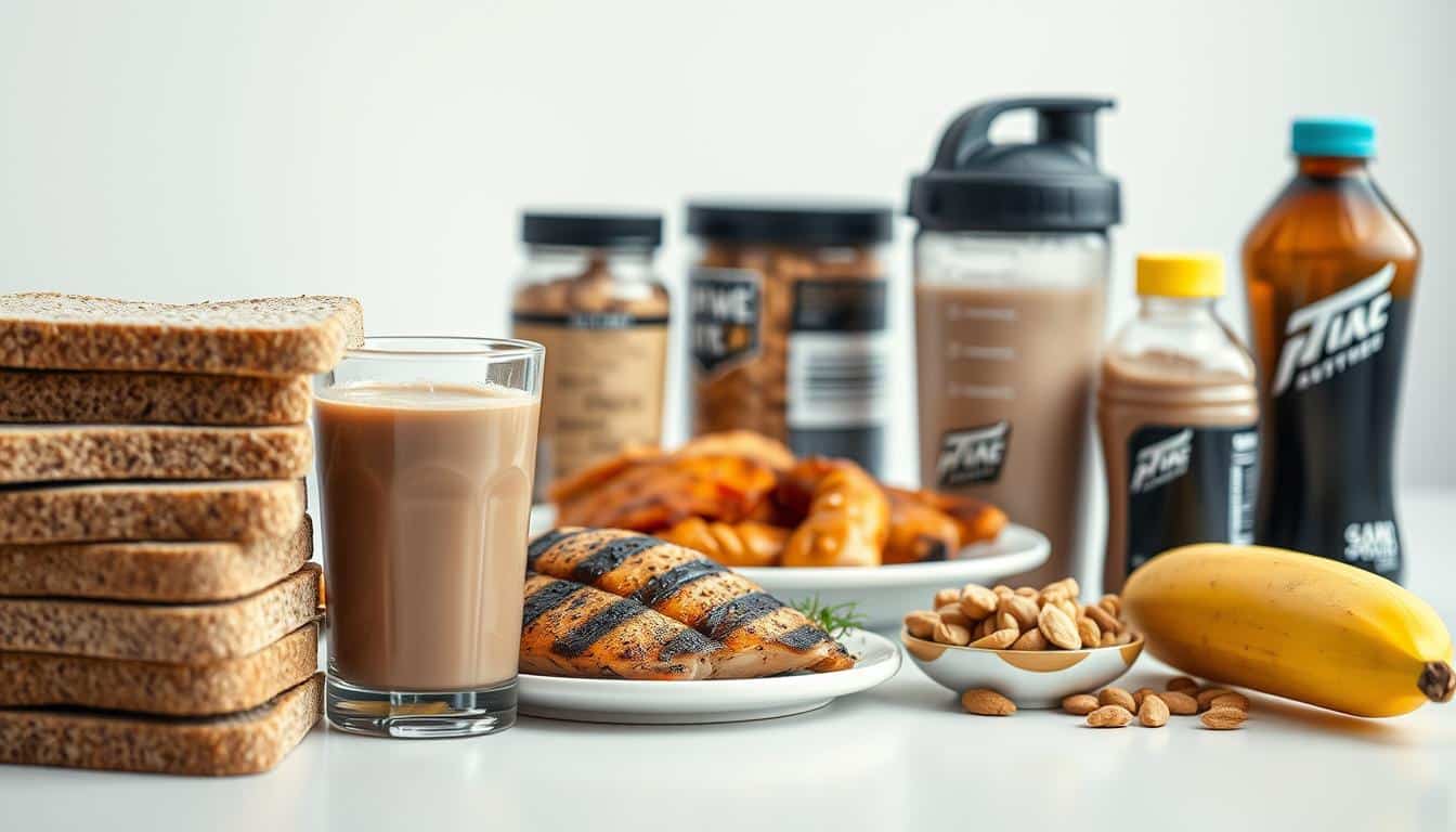 A well-lit, high-resolution photograph of a neatly arranged selection of post-workout recovery nutrition items on a clean, white tabletop. The foreground features a stack of whole grain bread, a glass of chocolate milk, a plate of grilled chicken, and a banana. The middle ground showcases a shaker bottle filled with a protein shake, a handful of mixed nuts, and a sports drink. The background subtly blurs to highlight the subject, creating a sense of focus and emphasis on the essential components of optimal post-exercise nutrition. A well-lit, high-resolution photograph of a neatly arranged selection of post-workout recovery nutrition items on a clean, white tabletop. The foreground features a stack of whole grain bread, a glass of chocolate milk, a plate of grilled chicken, and a banana. The middle ground showcases a shaker bottle filled with a protein shake, a handful of mixed nuts, and a sports drink. The background subtly blurs to highlight the subject, creating a sense of focus and emphasis on the essential components of optimal post-exercise nutrition.