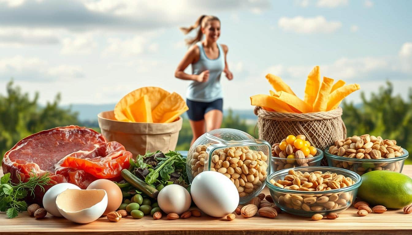 Hyper-realistic protein myths for athletes, with a focus on dispelling the protein myth for runners. A crisp, well-lit scene depicting various protein-rich foods - lean meats, eggs, legumes, and nuts - arranged in a natural, thoughtful composition. The foreground features the key protein sources, while the middle ground showcases a runner in a relaxed, post-workout pose, conveying a sense of balance and moderation. The background is a serene, nature-inspired setting, hinting at the broader context of a healthy, active lifestyle. Accurate proportions, lifelike textures, and a warm, inviting color palette create an image that educates and inspires. Hyper-realistic protein myths for athletes, with a focus on dispelling the protein myth for runners. A crisp, well-lit scene depicting various protein-rich foods - lean meats, eggs, legumes, and nuts - arranged in a natural, thoughtful composition. The foreground features the key protein sources, while the middle ground showcases a runner in a relaxed, post-workout pose, conveying a sense of balance and moderation. The background is a serene, nature-inspired setting, hinting at the broader context of a healthy, active lifestyle. Accurate proportions, lifelike textures, and a warm, inviting color palette create an image that educates and inspires.