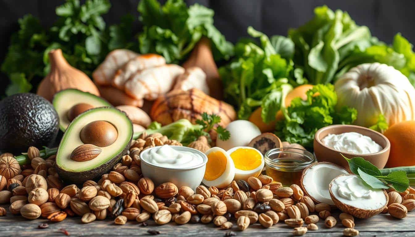 Hyper-realistic still life depicting an assortment of low-carb energy sources. In the foreground, a variety of nuts, seeds, and healthy fats such as avocado, olive oil, and coconut oil are arranged artfully. The middle ground showcases lean proteins like grilled chicken, hard-boiled eggs, and Greek yogurt. In the background, vibrant green leafy vegetables and other low-carb produce create a vibrant, nutritious backdrop. Soft, natural lighting illuminates the scene, emphasizing the fresh, wholesome quality of the ingredients. The overall composition conveys the balance and variety of a low-carb diet suitable for explosive sports performance. Hyper-realistic still life depicting an assortment of low-carb energy sources. In the foreground, a variety of nuts, seeds, and healthy fats such as avocado, olive oil, and coconut oil are arranged artfully. The middle ground showcases lean proteins like grilled chicken, hard-boiled eggs, and Greek yogurt. In the background, vibrant green leafy vegetables and other low-carb produce create a vibrant, nutritious backdrop. Soft, natural lighting illuminates the scene, emphasizing the fresh, wholesome quality of the ingredients. The overall composition conveys the balance and variety of a low-carb diet suitable for explosive sports performance.
