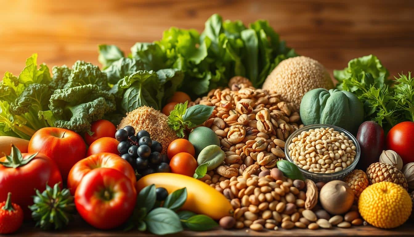 Vibrant still life capturing an array of high-protein plant-based athlete superfoods. In the foreground, a mouthwatering display of juicy fruits, nutrient-dense leafy greens, and wholesome grains. The middle ground showcases a variety of hearty legumes, nuts, and seeds bursting with muscle-building protein. Backlit by warm, natural lighting, the scene exudes a sense of health, vitality, and balanced nourishment. Meticulously rendered in crisp, hyper-realistic detail to evoke the viewer's appetite and appreciation for the powerful, plant-based fuel that fuels top athletic performance. Vibrant still life capturing an array of high-protein plant-based athlete superfoods. In the foreground, a mouthwatering display of juicy fruits, nutrient-dense leafy greens, and wholesome grains. The middle ground showcases a variety of hearty legumes, nuts, and seeds bursting with muscle-building protein. Backlit by warm, natural lighting, the scene exudes a sense of health, vitality, and balanced nourishment. Meticulously rendered in crisp, hyper-realistic detail to evoke the viewer's appetite and appreciation for the powerful, plant-based fuel that fuels top athletic performance.
