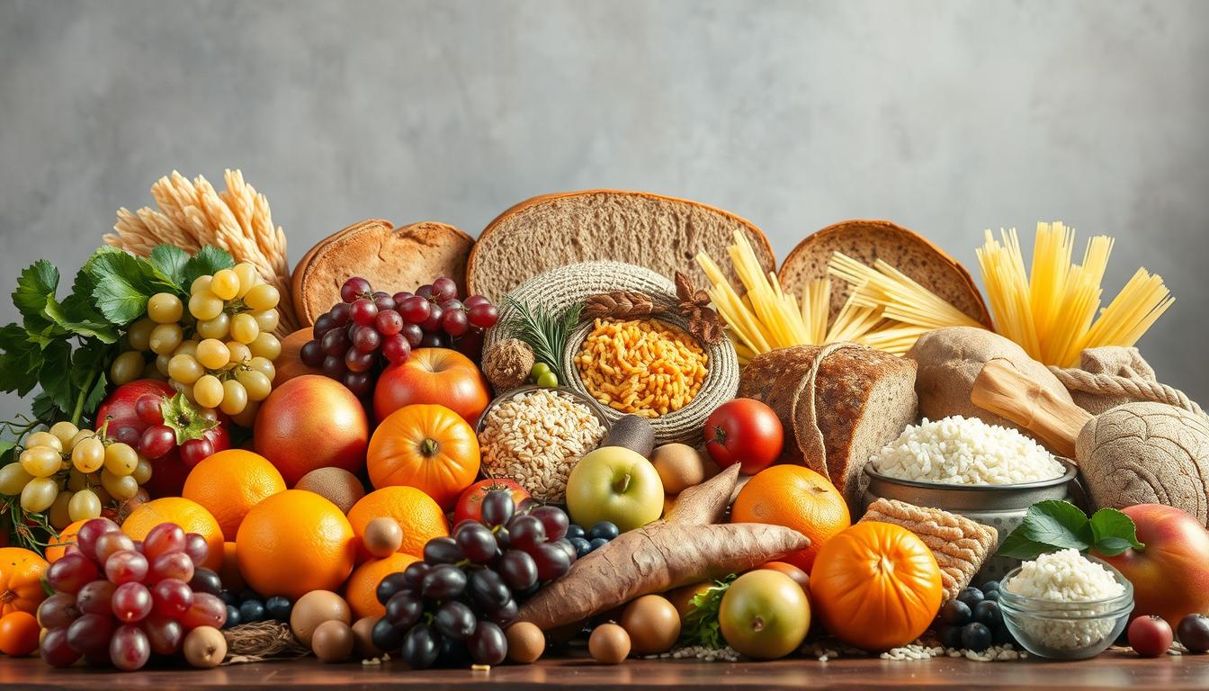 A bountiful harvest of diverse carbohydrate-rich foods, arranged in a visually captivating still life. In the foreground, a vibrant array of colorful fruits and starchy vegetables, including plump grapes, crisp apples, juicy oranges, and hearty sweet potatoes. In the middle ground, a selection of whole grain breads, pasta, and rice, showcasing the versatility of complex carbohydrates. The background features a muted, natural setting, with soft, diffused lighting that accentuates the rich textures and hues of the subject matter. The overall composition conveys a sense of nourishment, balance, and the importance of carbohydrates in a well-rounded, performance-oriented diet. A bountiful harvest of diverse carbohydrate-rich foods, arranged in a visually captivating still life. In the foreground, a vibrant array of colorful fruits and starchy vegetables, including plump grapes, crisp apples, juicy oranges, and hearty sweet potatoes. In the middle ground, a selection of whole grain breads, pasta, and rice, showcasing the versatility of complex carbohydrates. The background features a muted, natural setting, with soft, diffused lighting that accentuates the rich textures and hues of the subject matter. The overall composition conveys a sense of nourishment, balance, and the importance of carbohydrates in a well-rounded, performance-oriented diet.