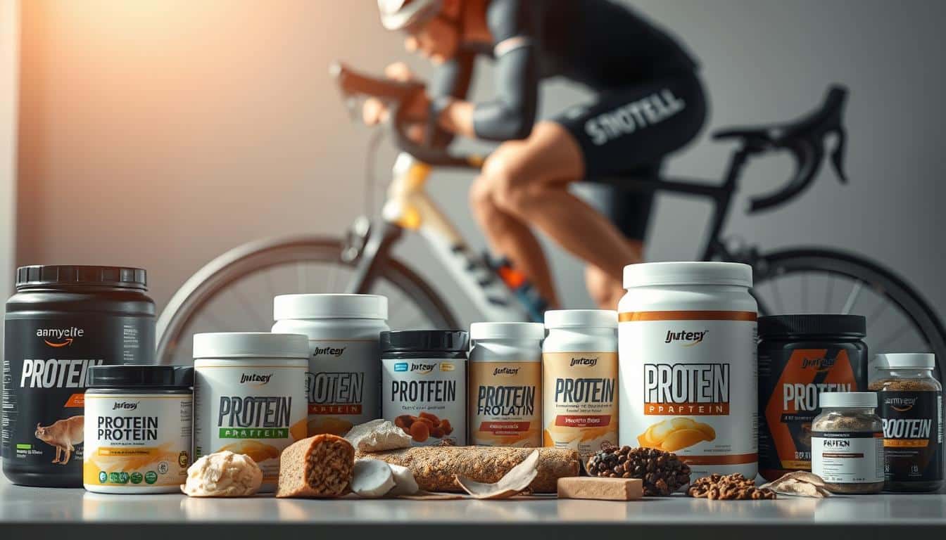 A detailed buyer's guide showcasing a diverse selection of high-quality proteins tailored for cyclists in the current training season. An immersive, photorealistic scene captures the foreground with sleek, expertly-formulated protein powders, bars, and supplements arranged in an aesthetically pleasing layout. The middle ground features a professional cyclist in motion, effortlessly consuming one of the featured products against a softly blurred background of a state-of-the-art bike and cycling gear. Natural daylight floods the scene, creating a warm, inviting atmosphere that highlights the products' premium quality and the athlete's peak physical condition. A detailed buyer's guide showcasing a diverse selection of high-quality proteins tailored for cyclists in the current training season. An immersive, photorealistic scene captures the foreground with sleek, expertly-formulated protein powders, bars, and supplements arranged in an aesthetically pleasing layout. The middle ground features a professional cyclist in motion, effortlessly consuming one of the featured products against a softly blurred background of a state-of-the-art bike and cycling gear. Natural daylight floods the scene, creating a warm, inviting atmosphere that highlights the products' premium quality and the athlete's peak physical condition.