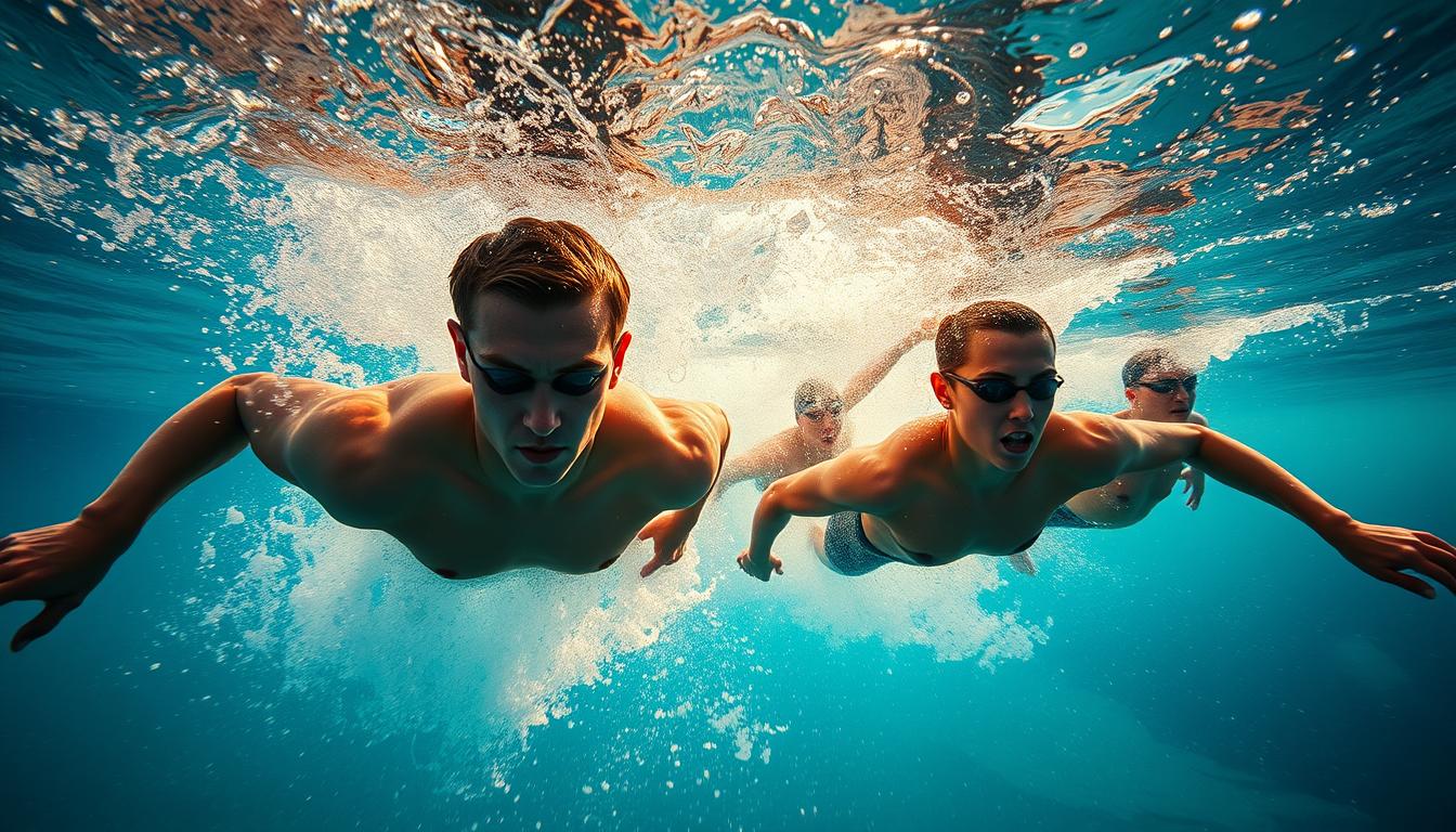 A group of swimmers gliding gracefully through crystal-clear water, their lithe bodies cutting through the waves with effortless power. Sunlight filters in through the surface, casting a warm, golden glow on their muscular physiques. Droplets of water sparkle like diamonds as they propel themselves forward, faces focused with intense determination. The scene exudes a sense of boundless energy, capturing the essence of the swimmer's relentless pursuit of peak performance. Wide-angle lens captures the full scope of their movement, showcasing the fluid synchronicity of their strokes. Vivid realism brings this aquatic dance to life, inviting the viewer to feel the thrill and exhilaration of the swimmer's world. A group of swimmers gliding gracefully through crystal-clear water, their lithe bodies cutting through the waves with effortless power. Sunlight filters in through the surface, casting a warm, golden glow on their muscular physiques. Droplets of water sparkle like diamonds as they propel themselves forward, faces focused with intense determination. The scene exudes a sense of boundless energy, capturing the essence of the swimmer's relentless pursuit of peak performance. Wide-angle lens captures the full scope of their movement, showcasing the fluid synchronicity of their strokes. Vivid realism brings this aquatic dance to life, inviting the viewer to feel the thrill and exhilaration of the swimmer's world.