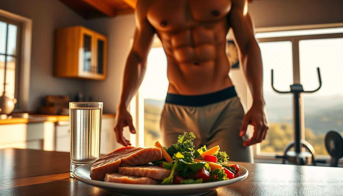 A healthy, athletic figure standing in a sunlit kitchen, their body in a calorie deficit state. The foreground showcases a plate of lean protein, vegetables, and a glass of water, symbolizing a nutritious, calorie-controlled meal. The middle ground features exercise equipment, hinting at the importance of an active lifestyle. The background depicts a panoramic view of a lush, natural landscape, evoking a sense of balance and wellness. Warm, golden lighting bathes the scene, creating a serene and aspirational atmosphere. The overall composition emphasizes the core steps of a cutting diet plan that protects muscle and reduces body fat. A healthy, athletic figure standing in a sunlit kitchen, their body in a calorie deficit state. The foreground showcases a plate of lean protein, vegetables, and a glass of water, symbolizing a nutritious, calorie-controlled meal. The middle ground features exercise equipment, hinting at the importance of an active lifestyle. The background depicts a panoramic view of a lush, natural landscape, evoking a sense of balance and wellness. Warm, golden lighting bathes the scene, creating a serene and aspirational atmosphere. The overall composition emphasizes the core steps of a cutting diet plan that protects muscle and reduces body fat.