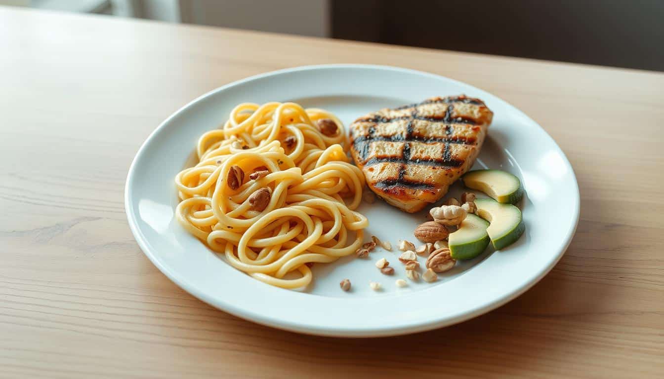 A highly detailed, photorealistic image of a tennis player's plate showcasing the core macronutrients - carbohydrates, protein, and fats. The plate is positioned on a wooden table, with a clean white background. The carbohydrates are represented by a serving of whole-grain pasta, the protein by a grilled chicken breast, and the fats by a sprinkle of nuts and avocado slices. The lighting is natural and diffused, creating soft shadows and highlights that accentuate the textures and colors of the food. The composition is balanced and visually appealing, inviting the viewer to appreciate the importance of these key nutrients for an athlete's diet. A highly detailed, photorealistic image of a tennis player's plate showcasing the core macronutrients - carbohydrates, protein, and fats. The plate is positioned on a wooden table, with a clean white background. The carbohydrates are represented by a serving of whole-grain pasta, the protein by a grilled chicken breast, and the fats by a sprinkle of nuts and avocado slices. The lighting is natural and diffused, creating soft shadows and highlights that accentuate the textures and colors of the food. The composition is balanced and visually appealing, inviting the viewer to appreciate the importance of these key nutrients for an athlete's diet.