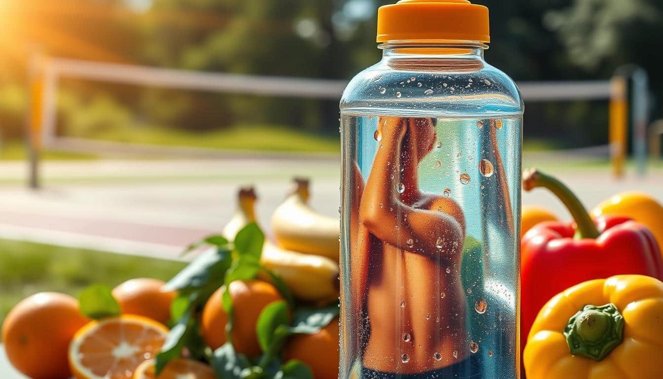 A hydration plan for peak volleyball performance. In the foreground, a reusable water bottle with droplets cascading down the sides, reflecting the light. In the middle ground, an assortment of fresh, vibrant fruits and vegetables - oranges, bananas, spinach, and bell peppers - arranged in a visually appealing manner. The background features a serene, sun-dappled outdoor setting, with a volleyball court in the distance. The lighting is natural and warm, creating a sense of vitality and energy. The overall composition conveys the importance of proper hydration and balanced nutrition for fueling the body for elite volleyball competition. A hydration plan for peak volleyball performance. In the foreground, a reusable water bottle with droplets cascading down the sides, reflecting the light. In the middle ground, an assortment of fresh, vibrant fruits and vegetables - oranges, bananas, spinach, and bell peppers - arranged in a visually appealing manner. The background features a serene, sun-dappled outdoor setting, with a volleyball court in the distance. The lighting is natural and warm, creating a sense of vitality and energy. The overall composition conveys the importance of proper hydration and balanced nutrition for fueling the body for elite volleyball competition.