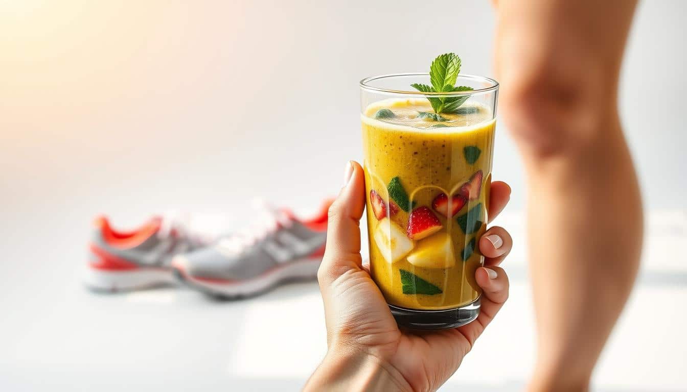 A hyper-realistic photograph of a runner's hand holding a glass of freshly-blended vegetable and fruit smoothie, set against a clean, minimalist background. The hand is positioned in the foreground, with the smoothie prominently displayed, showcasing its vibrant colors and enticing texture. The middle ground features a pair of running shoes, subtly hinting at the active lifestyle and fitness goals. The background is softly blurred, creating a sense of depth and focus on the central elements. Natural lighting casts a warm, golden glow, enhancing the overall mood of health, vitality, and determination to achieve nutrition goals for marathon training. A hyper-realistic photograph of a runner's hand holding a glass of freshly-blended vegetable and fruit smoothie, set against a clean, minimalist background. The hand is positioned in the foreground, with the smoothie prominently displayed, showcasing its vibrant colors and enticing texture. The middle ground features a pair of running shoes, subtly hinting at the active lifestyle and fitness goals. The background is softly blurred, creating a sense of depth and focus on the central elements. Natural lighting casts a warm, golden glow, enhancing the overall mood of health, vitality, and determination to achieve nutrition goals for marathon training.