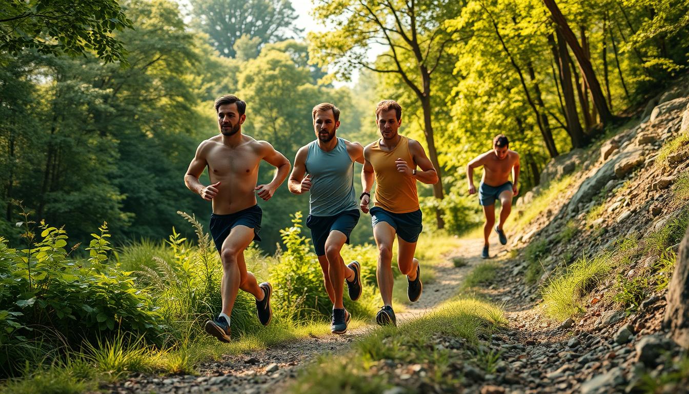 A meticulously detailed and photorealistic image of three runners in various stages of an "off-season" training phase. In the foreground, a runner in a surplus phase, muscles bulging, jogging effortlessly through a lush, verdant landscape. In the middle ground, a runner in a maintenance phase, steady and composed, striding confidently along a winding forest trail. In the background, a runner in a deficit phase, lean and focused, climbing a rocky incline with unwavering determination. Natural lighting filters through the canopy, casting warm, golden hues across the scene. The runners' expressions reflect the distinct mindsets of each phase - abundance, balance, and discipline. Captured with a wide-angle lens to convey a sense of depth and scale, this image embodies the essence of the "Choose your off-season phase" concept. A meticulously detailed and photorealistic image of three runners in various stages of an "off-season" training phase. In the foreground, a runner in a surplus phase, muscles bulging, jogging effortlessly through a lush, verdant landscape. In the middle ground, a runner in a maintenance phase, steady and composed, striding confidently along a winding forest trail. In the background, a runner in a deficit phase, lean and focused, climbing a rocky incline with unwavering determination. Natural lighting filters through the canopy, casting warm, golden hues across the scene. The runners' expressions reflect the distinct mindsets of each phase - abundance, balance, and discipline. Captured with a wide-angle lens to convey a sense of depth and scale, this image embodies the essence of the "Choose your off-season phase" concept.