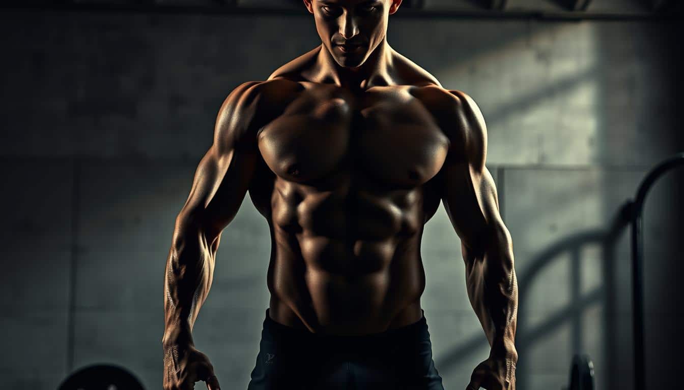 A muscular, shirtless male figure stands in a dimly lit, industrial-style gym setting. Dramatic side lighting casts long shadows, highlighting the intricate contours and definition of the subject's lean, chiseled physique. The figure's pose exudes strength and focus, capturing the intensity of a "cutting phase" - the process of reducing body fat to reveal underlying muscle. The background features a plain, concrete wall and minimal equipment, drawing the viewer's attention solely to the central figure and its impactful, photorealistic details. A muscular, shirtless male figure stands in a dimly lit, industrial-style gym setting. Dramatic side lighting casts long shadows, highlighting the intricate contours and definition of the subject's lean, chiseled physique. The figure's pose exudes strength and focus, capturing the intensity of a "cutting phase" - the process of reducing body fat to reveal underlying muscle. The background features a plain, concrete wall and minimal equipment, drawing the viewer's attention solely to the central figure and its impactful, photorealistic details.