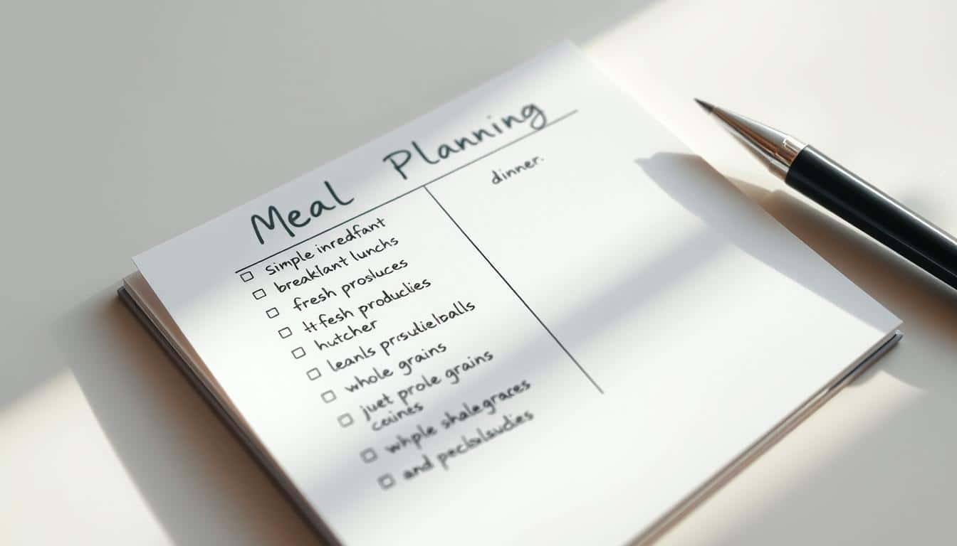 A neatly organized meal planning list on a crisp white notepad, illuminated by soft, natural lighting. The list meticulously details simple, wholesome ingredients for breakfast, lunch, and dinner - a balanced array of fresh produce, lean proteins, and whole grains. The handwritten notes convey a sense of mindfulness and care, reflecting the subject of eating clean on a budget. The composition emphasizes the list's practical, yet visually appealing design, with a minimalist, uncluttered layout that draws the eye. The overall mood is one of efficiency, organization, and a thoughtful approach to meal planning. A neatly organized meal planning list on a crisp white notepad, illuminated by soft, natural lighting. The list meticulously details simple, wholesome ingredients for breakfast, lunch, and dinner - a balanced array of fresh produce, lean proteins, and whole grains. The handwritten notes convey a sense of mindfulness and care, reflecting the subject of eating clean on a budget. The composition emphasizes the list's practical, yet visually appealing design, with a minimalist, uncluttered layout that draws the eye. The overall mood is one of efficiency, organization, and a thoughtful approach to meal planning.