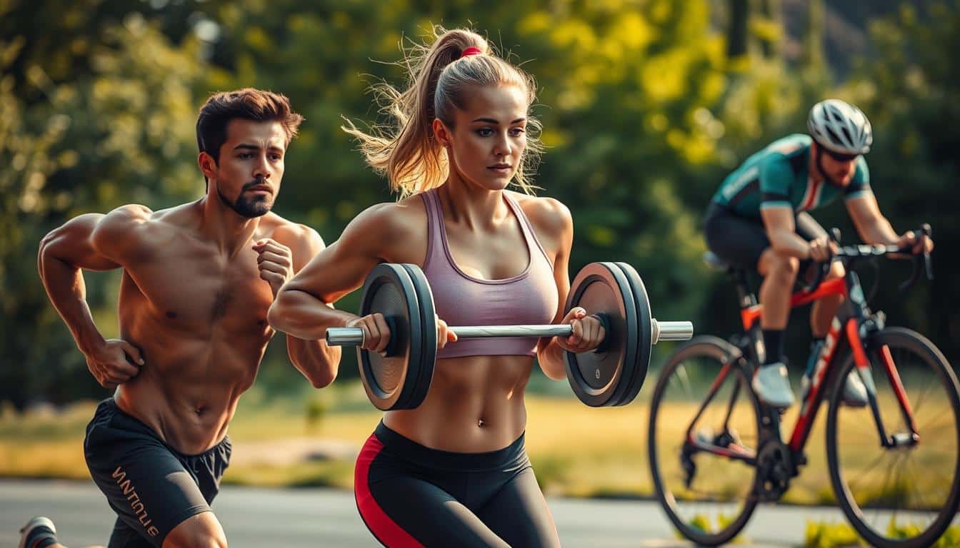 A photograph of three athletes at different stages of a periodized training program. In the foreground, a runner sprints with powerful strides, muscles taut and gleaming with sweat. In the middle ground, a weightlifter performs a clean and jerk, her brow furrowed in intense concentration. In the background, a cyclist pedals furiously, their bike a blur of motion against a backdrop of lush greenery. Soft, natural lighting illuminates the scene, creating a sense of warmth and vitality. The overall composition conveys the interconnected nature of training phases, each athlete's physicality and dedication on full display. A photograph of three athletes at different stages of a periodized training program. In the foreground, a runner sprints with powerful strides, muscles taut and gleaming with sweat. In the middle ground, a weightlifter performs a clean and jerk, her brow furrowed in intense concentration. In the background, a cyclist pedals furiously, their bike a blur of motion against a backdrop of lush greenery. Soft, natural lighting illuminates the scene, creating a sense of warmth and vitality. The overall composition conveys the interconnected nature of training phases, each athlete's physicality and dedication on full display.