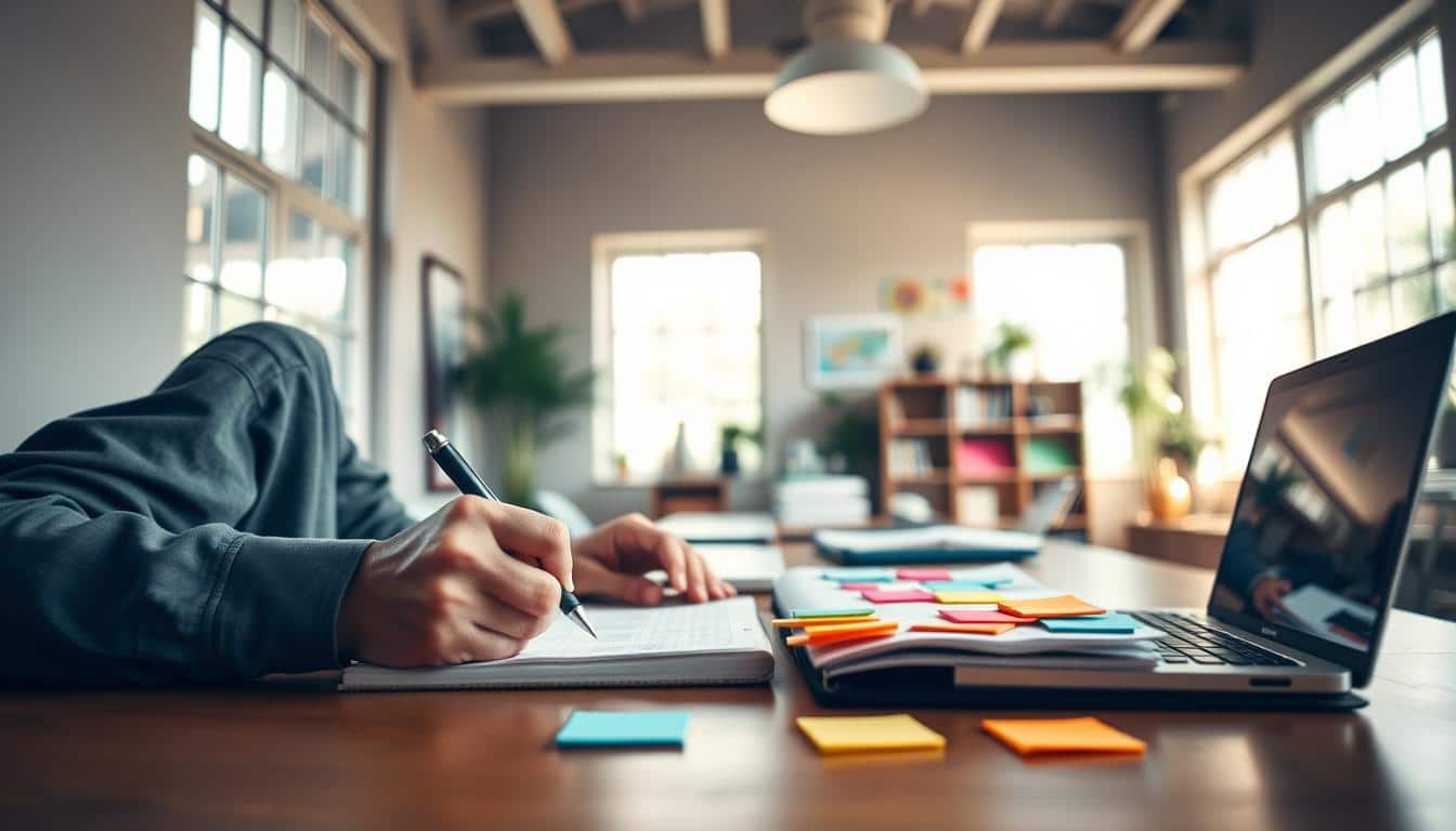 A serene office space, bathed in warm, natural lighting from large windows. On a wooden desk, a laptop, a notebook, and a strategically placed array of colorful sticky notes, reflecting the process of planning and ideation. The foreground features a pair of hands jotting down notes, with a focused, determined expression on the face. The background showcases a minimalist decor, with subtle hints of greenery and a sense of order and organization, conveying a productive, thoughtful atmosphere. A serene office space, bathed in warm, natural lighting from large windows. On a wooden desk, a laptop, a notebook, and a strategically placed array of colorful sticky notes, reflecting the process of planning and ideation. The foreground features a pair of hands jotting down notes, with a focused, determined expression on the face. The background showcases a minimalist decor, with subtle hints of greenery and a sense of order and organization, conveying a productive, thoughtful atmosphere.