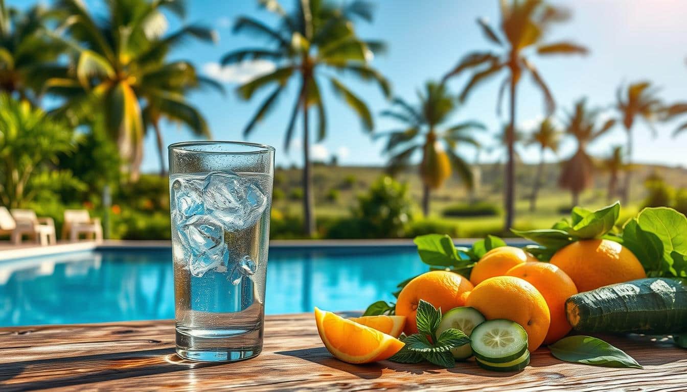 A serene, sun-dappled outdoor scene showcasing the essence of hydration. In the foreground, a clear glass of ice water rests on a rustic wooden table, condensation glistening on its surface. Surrounding it, an assortment of fresh, vibrant fruits and vegetables - juicy oranges, crisp cucumber slices, and lush leafy greens - all symbols of nourishment and rejuvenation. In the middle ground, a swimming pool reflects the azure sky, its calm waters inviting the viewer to dive in and refresh. The background features a lush, verdant landscape with towering palm trees swaying gently in a warm breeze, evoking a sense of serenity and tranquility. The lighting is soft and natural, casting a warm, golden glow over the entire scene. A serene, sun-dappled outdoor scene showcasing the essence of hydration. In the foreground, a clear glass of ice water rests on a rustic wooden table, condensation glistening on its surface. Surrounding it, an assortment of fresh, vibrant fruits and vegetables - juicy oranges, crisp cucumber slices, and lush leafy greens - all symbols of nourishment and rejuvenation. In the middle ground, a swimming pool reflects the azure sky, its calm waters inviting the viewer to dive in and refresh. The background features a lush, verdant landscape with towering palm trees swaying gently in a warm breeze, evoking a sense of serenity and tranquility. The lighting is soft and natural, casting a warm, golden glow over the entire scene.