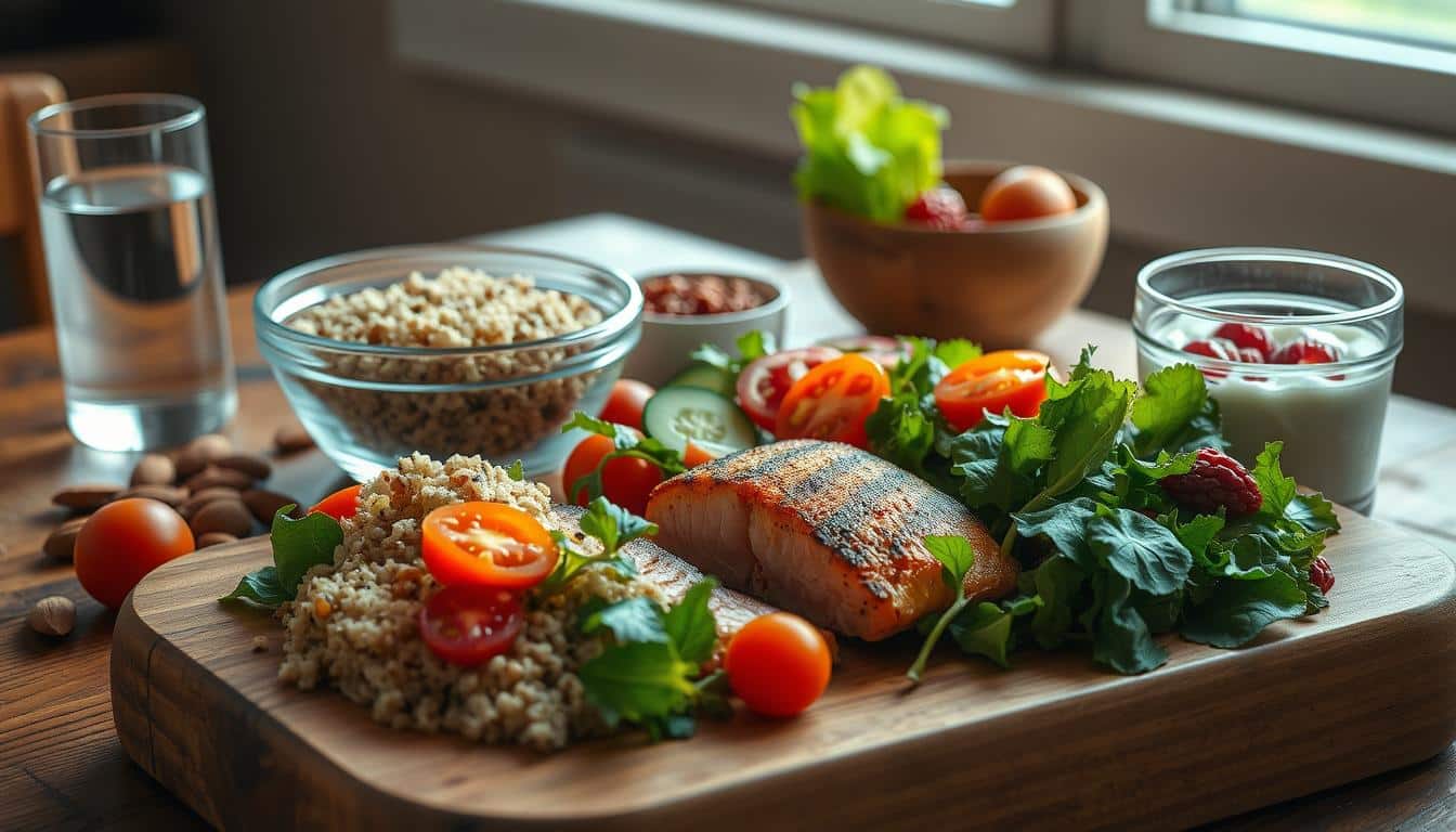 A sumptuous spread of wholesome, nutrient-dense foods arranged on a rustic wooden table, bathed in soft, warm lighting. In the foreground, a hearty portion of grilled salmon, tender and flaky, complemented by a vibrant, colorful salad of leafy greens, vibrant cherry tomatoes, and crisp cucumbers. Beside it, a bowl of quinoa, fluffy and aromatic, and a glass of refreshing water. In the middle ground, a handful of raw almonds and a small container of Greek yogurt with fresh berries. In the background, a subtle hint of a window, allowing natural light to filter in, creating a cozy and inviting atmosphere. Hyper-realistic with impeccable attention to detail, this image exudes the perfect balance of health, flavor, and wholesome nourishment for the active volleyball player. A sumptuous spread of wholesome, nutrient-dense foods arranged on a rustic wooden table, bathed in soft, warm lighting. In the foreground, a hearty portion of grilled salmon, tender and flaky, complemented by a vibrant, colorful salad of leafy greens, vibrant cherry tomatoes, and crisp cucumbers. Beside it, a bowl of quinoa, fluffy and aromatic, and a glass of refreshing water. In the middle ground, a handful of raw almonds and a small container of Greek yogurt with fresh berries. In the background, a subtle hint of a window, allowing natural light to filter in, creating a cozy and inviting atmosphere. Hyper-realistic with impeccable attention to detail, this image exudes the perfect balance of health, flavor, and wholesome nourishment for the active volleyball player.