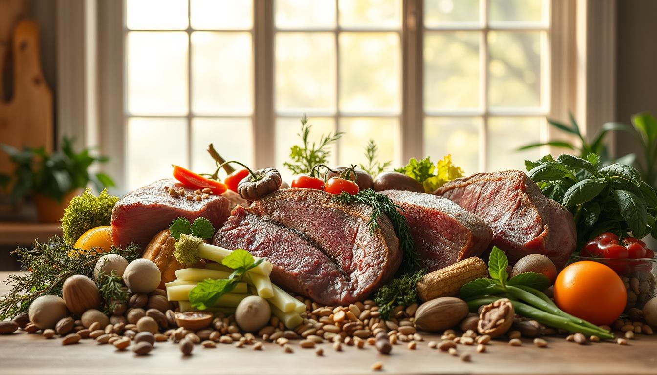 A sumptuous still life arrangement featuring a selection of succulent meats, fresh crisp vegetables, and a scattering of nutrient-rich nuts and seeds. Lit by warm, natural lighting from a large window, casting gentle shadows and highlighting the textures and colors of the ingredients. The composition is balanced and visually appealing, showcasing the wholesome, unprocessed nature of these CrossFit-approved foods. The focus is sharp, drawing the viewer's attention to the vibrant hues and inviting appearance of this healthy, protein-and-produce-packed spread. A sumptuous still life arrangement featuring a selection of succulent meats, fresh crisp vegetables, and a scattering of nutrient-rich nuts and seeds. Lit by warm, natural lighting from a large window, casting gentle shadows and highlighting the textures and colors of the ingredients. The composition is balanced and visually appealing, showcasing the wholesome, unprocessed nature of these CrossFit-approved foods. The focus is sharp, drawing the viewer's attention to the vibrant hues and inviting appearance of this healthy, protein-and-produce-packed spread.