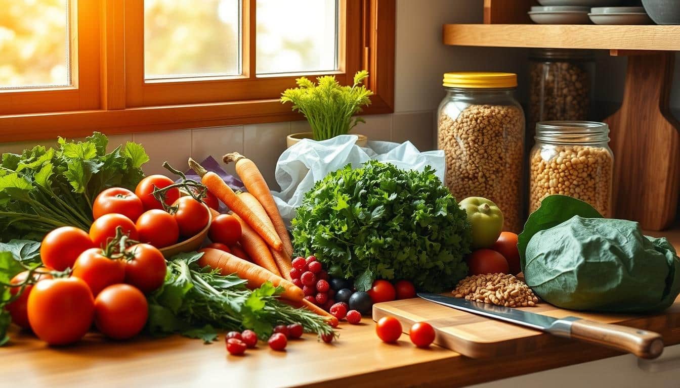 A vibrant and well-stocked kitchen counter, bathed in warm, natural light filtering through a window. An assortment of fresh produce - crisp green leafy greens, juicy tomatoes, bright carrots, and plump berries - arranged in an inviting display. Alongside, a set of glass jars filled with pantry staples like whole grains, legumes, and nuts. A wooden cutting board and a sharp knife hint at the simple meal preparation to come. The scene exudes a sense of simplicity, abundance, and a touch of rustic charm - the perfect visual accompaniment to "Quick wins you can use this week" for eating clean on a budget. A vibrant and well-stocked kitchen counter, bathed in warm, natural light filtering through a window. An assortment of fresh produce - crisp green leafy greens, juicy tomatoes, bright carrots, and plump berries - arranged in an inviting display. Alongside, a set of glass jars filled with pantry staples like whole grains, legumes, and nuts. A wooden cutting board and a sharp knife hint at the simple meal preparation to come. The scene exudes a sense of simplicity, abundance, and a touch of rustic charm - the perfect visual accompaniment to "Quick wins you can use this week" for eating clean on a budget.
