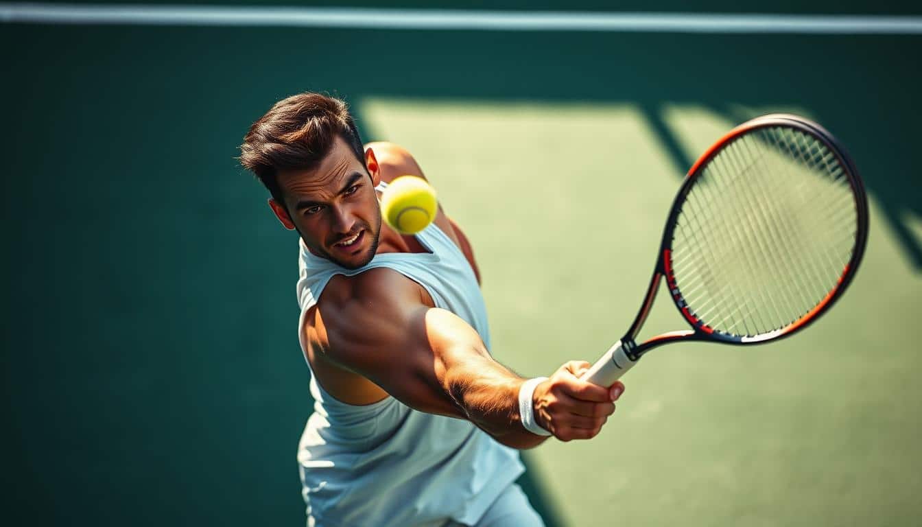 A vibrant, energetic scene of a professional tennis player in action, captured in a hyper-realistic photo. The player is mid-swing, their muscles taut as they return a powerful shot. Sweat glistens on their brow, and their intense expression reflects their unwavering focus. The court surface is a crisp, pristine green, with clean white lines defining the boundaries. Soft, diffused lighting casts long shadows, adding depth and drama to the composition. The background is blurred, placing the player at the forefront, their body a study in athletic grace and power. The overall mood conveys the thrill and intensity of the sport, perfectly illustrating the physical and mental demands faced by tennis players. A vibrant, energetic scene of a professional tennis player in action, captured in a hyper-realistic photo. The player is mid-swing, their muscles taut as they return a powerful shot. Sweat glistens on their brow, and their intense expression reflects their unwavering focus. The court surface is a crisp, pristine green, with clean white lines defining the boundaries. Soft, diffused lighting casts long shadows, adding depth and drama to the composition. The background is blurred, placing the player at the forefront, their body a study in athletic grace and power. The overall mood conveys the thrill and intensity of the sport, perfectly illustrating the physical and mental demands faced by tennis players.