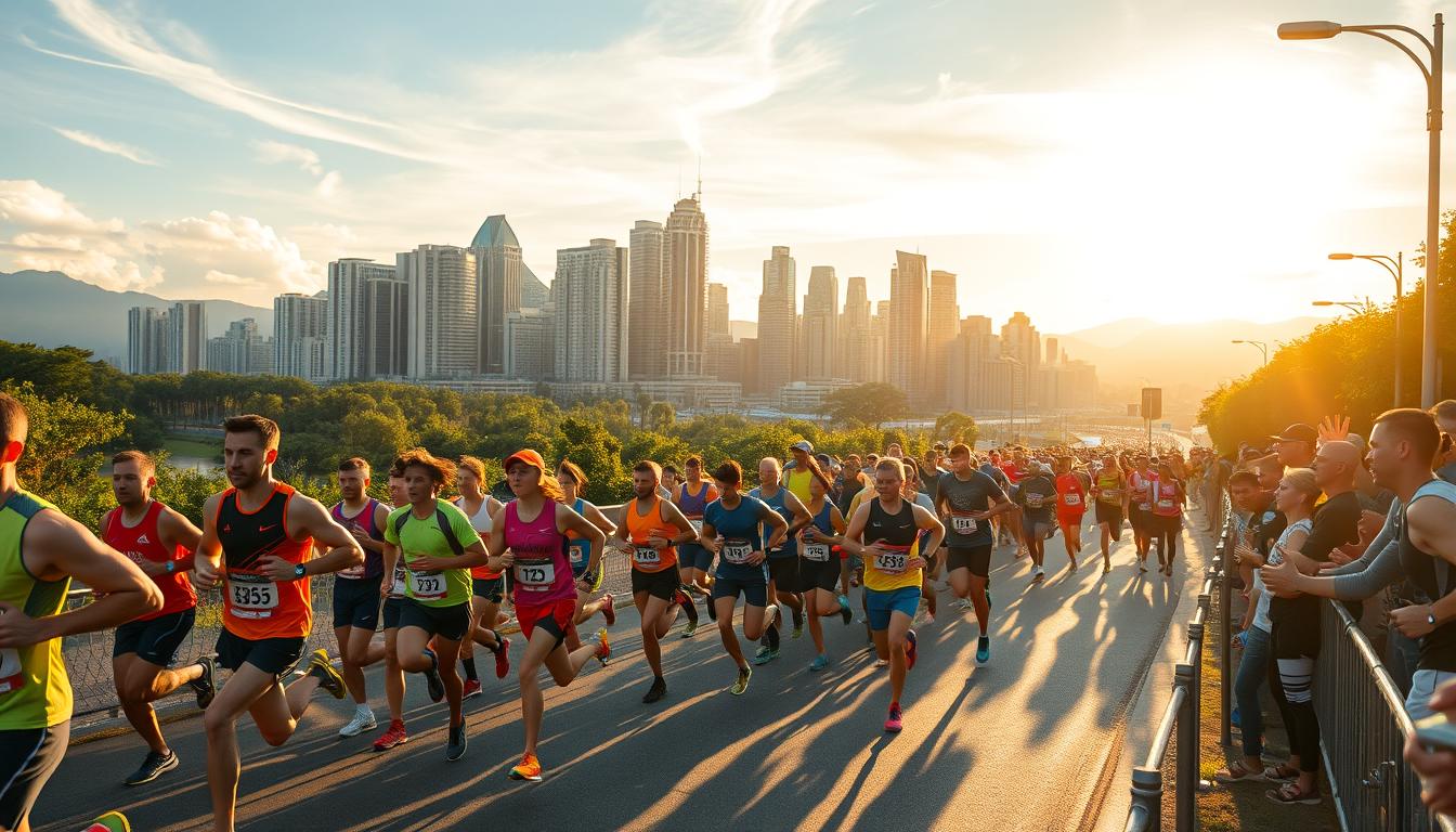 A vibrant, high-energy scene of race day. A crowd of eager runners in colorful athletic gear, stretching and warming up on the starting line of a winding road race. In the background, a cityscape with towering skyscrapers and lush greenery. Bright, golden sunlight filters through wispy clouds, casting a warm glow over the entire scene. The runners' faces are determined, bodies poised and ready to sprint forward at the sound of the starting gun. Spectators line the sidelines, cheering passionately. The atmosphere is electric with anticipation and the thrill of competition. A vibrant, high-energy scene of race day. A crowd of eager runners in colorful athletic gear, stretching and warming up on the starting line of a winding road race. In the background, a cityscape with towering skyscrapers and lush greenery. Bright, golden sunlight filters through wispy clouds, casting a warm glow over the entire scene. The runners' faces are determined, bodies poised and ready to sprint forward at the sound of the starting gun. Spectators line the sidelines, cheering passionately. The atmosphere is electric with anticipation and the thrill of competition.