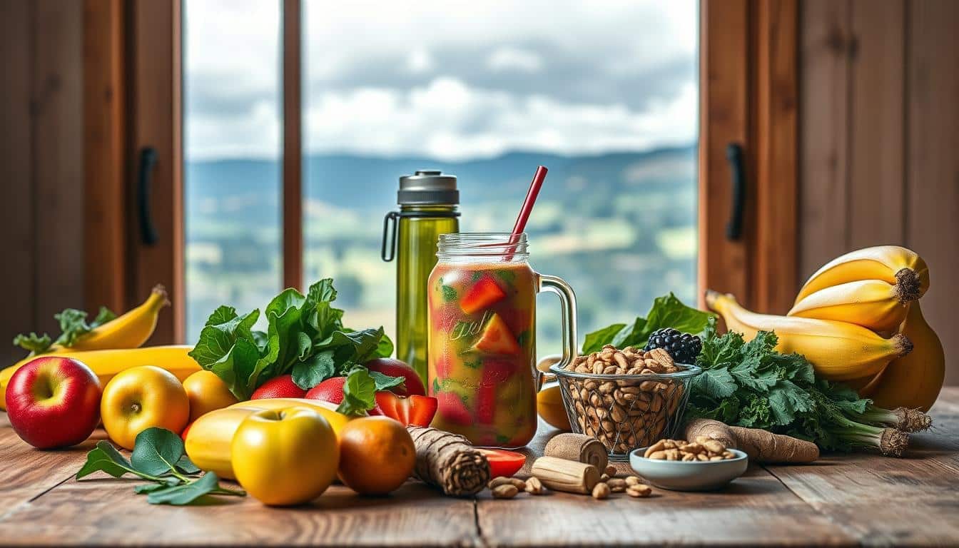 A vibrant still-life composition capturing the essence of off-season nutrition for runners. In the foreground, a wooden table is adorned with a variety of seasonal fruits and vegetables, including crisp apples, ripe bananas, leafy greens, and earthy root vegetables. The middle ground features a glass jar filled with a colorful smoothie blend, complemented by a reusable water bottle and a small bowl of mixed nuts. In the background, a window frames a picturesque landscape of rolling hills and a cloudy, but bright sky, conveying a sense of tranquility and rejuvenation. The lighting is natural, with soft, diffused illumination highlighting the vibrant colors and textures of the scene. The overall composition evokes a sense of nourishment, balance, and the importance of mindful, off-season nutrition for runners' recovery and future performance. A vibrant still-life composition capturing the essence of off-season nutrition for runners. In the foreground, a wooden table is adorned with a variety of seasonal fruits and vegetables, including crisp apples, ripe bananas, leafy greens, and earthy root vegetables. The middle ground features a glass jar filled with a colorful smoothie blend, complemented by a reusable water bottle and a small bowl of mixed nuts. In the background, a window frames a picturesque landscape of rolling hills and a cloudy, but bright sky, conveying a sense of tranquility and rejuvenation. The lighting is natural, with soft, diffused illumination highlighting the vibrant colors and textures of the scene. The overall composition evokes a sense of nourishment, balance, and the importance of mindful, off-season nutrition for runners' recovery and future performance.