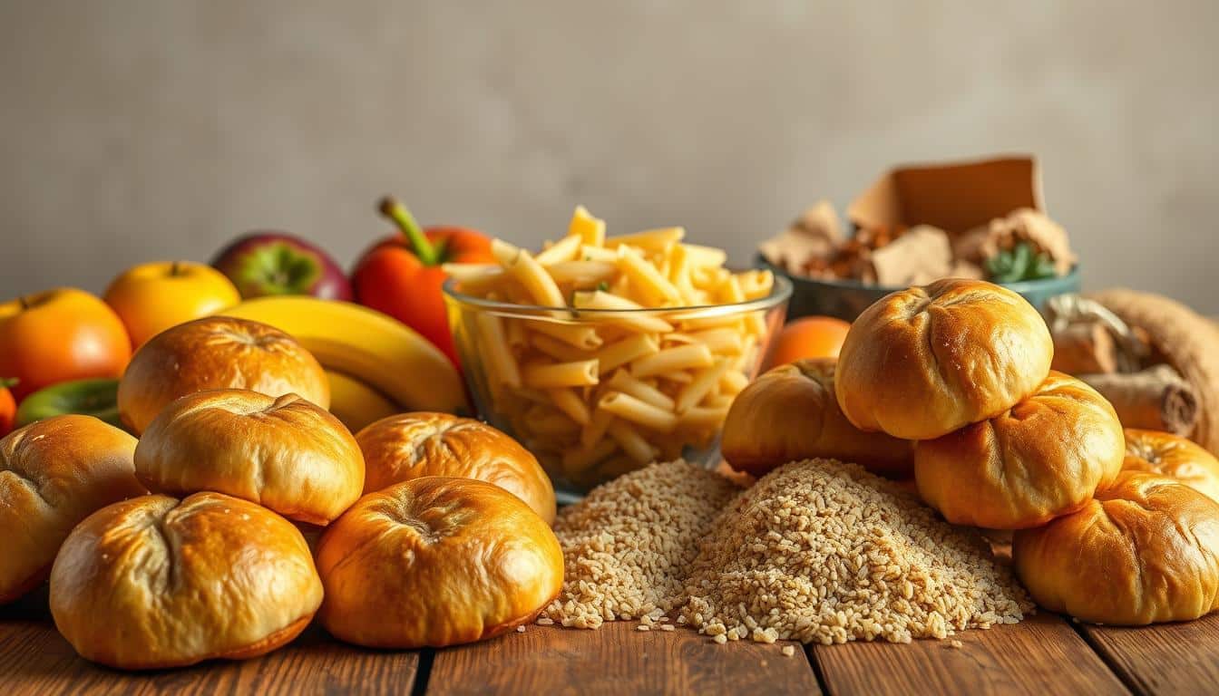 A vibrant still-life composition depicting various types of carbohydrates arranged on a rustic wooden table. In the foreground, a pile of golden brown bread rolls, their crusty surfaces glistening under warm, directional lighting. Alongside them, a selection of colorful fruits such as apples, bananas, and oranges, their skin textures meticulously rendered. In the middle ground, a glass bowl overflows with cooked pasta in a variety of shapes and sizes, complemented by a scattering of whole-grain rice and quinoa. The background features a neutral, slightly blurred backdrop, allowing the subject to take center stage and emphasize the nutritional value and visual appeal of these essential carbohydrate-rich foods. A vibrant still-life composition depicting various types of carbohydrates arranged on a rustic wooden table. In the foreground, a pile of golden brown bread rolls, their crusty surfaces glistening under warm, directional lighting. Alongside them, a selection of colorful fruits such as apples, bananas, and oranges, their skin textures meticulously rendered. In the middle ground, a glass bowl overflows with cooked pasta in a variety of shapes and sizes, complemented by a scattering of whole-grain rice and quinoa. The background features a neutral, slightly blurred backdrop, allowing the subject to take center stage and emphasize the nutritional value and visual appeal of these essential carbohydrate-rich foods.