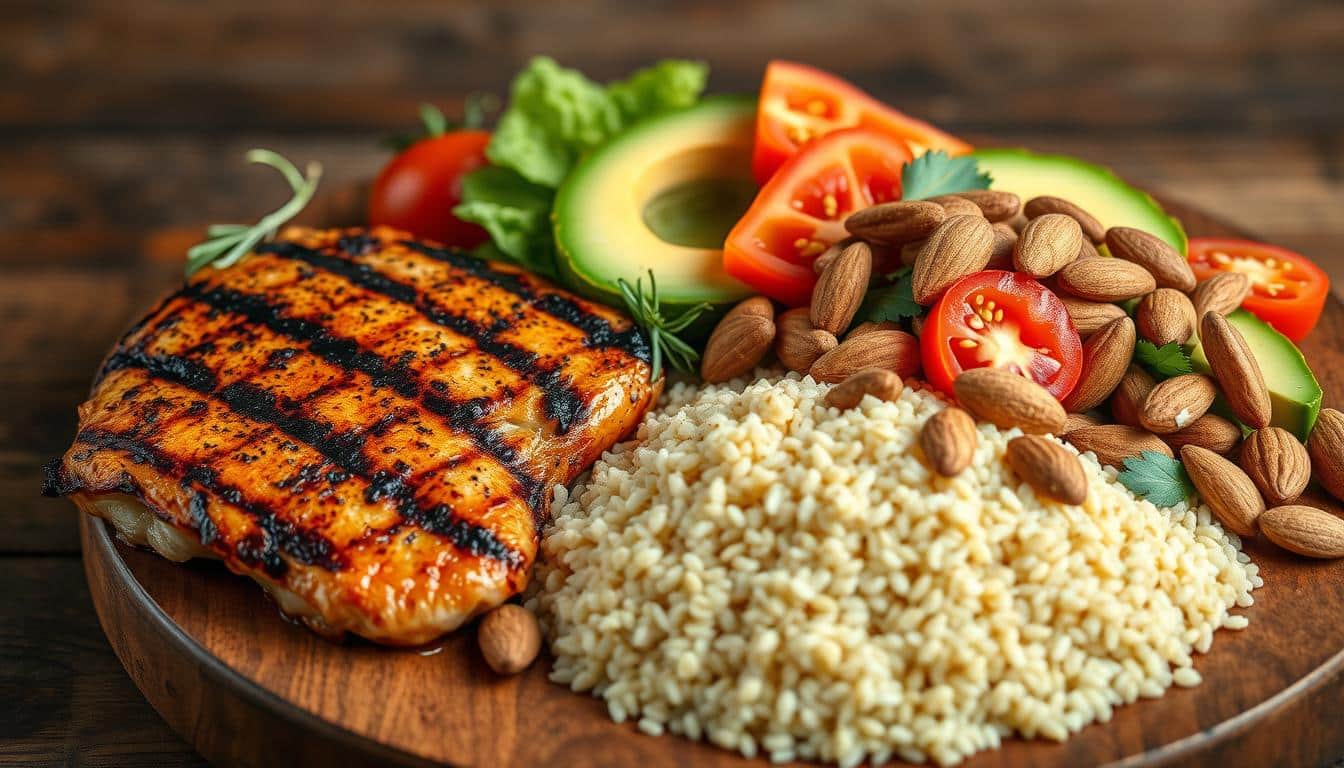 A vibrant still life composition featuring three distinct food groups: a succulent grilled chicken breast, a heaping mound of fluffy quinoa, and a medley of fresh avocado slices, juicy tomato wedges, and crunchy almonds. Captured in warm, natural lighting with a shallow depth of field that draws the eye to the delectable textures and colors. The arrangement is meticulously placed on a rustic wooden surface, exuding a sense of balance and harmony. The overall mood is one of health, vitality, and the perfect macronutrient balance for an athlete's bulking meal plan. A vibrant still life composition featuring three distinct food groups: a succulent grilled chicken breast, a heaping mound of fluffy quinoa, and a medley of fresh avocado slices, juicy tomato wedges, and crunchy almonds. Captured in warm, natural lighting with a shallow depth of field that draws the eye to the delectable textures and colors. The arrangement is meticulously placed on a rustic wooden surface, exuding a sense of balance and harmony. The overall mood is one of health, vitality, and the perfect macronutrient balance for an athlete's bulking meal plan.
