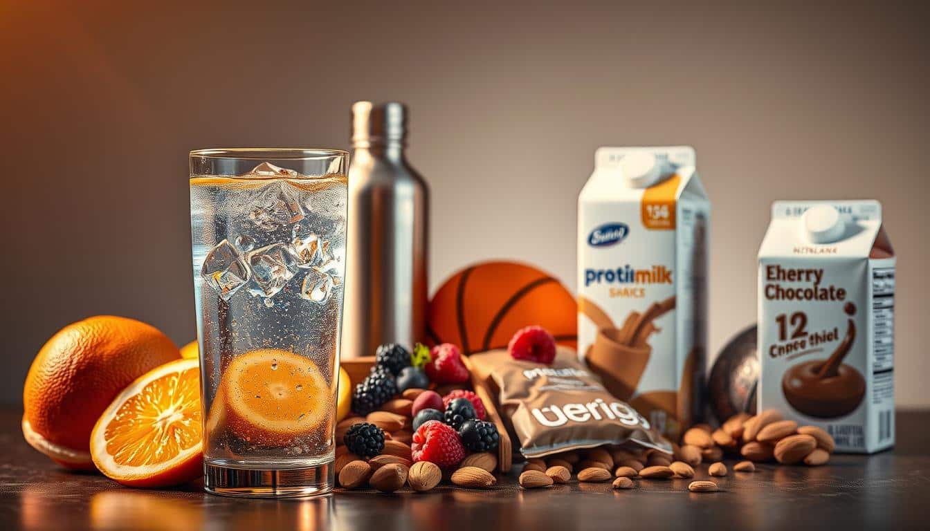 A vibrant still life featuring a collection of healthy snacks and beverages essential for optimal game-day nutrition. In the foreground, a glass of clear electrolyte-infused water reflects the warm, golden lighting overhead. Arranged neatly beside it are sliced fresh fruits like oranges, bananas, and berries, along with a handful of almonds and a protein bar. In the middle ground, a sleek metal water bottle and a carton of nutrient-dense chocolate milk stand ready to replenish energy and hydration. The background showcases a subtle gradient, allowing the subject to take center stage and convey the importance of fueling one's body with the right foods before a high-intensity basketball game. A vibrant still life featuring a collection of healthy snacks and beverages essential for optimal game-day nutrition. In the foreground, a glass of clear electrolyte-infused water reflects the warm, golden lighting overhead. Arranged neatly beside it are sliced fresh fruits like oranges, bananas, and berries, along with a handful of almonds and a protein bar. In the middle ground, a sleek metal water bottle and a carton of nutrient-dense chocolate milk stand ready to replenish energy and hydration. The background showcases a subtle gradient, allowing the subject to take center stage and convey the importance of fueling one's body with the right foods before a high-intensity basketball game.
