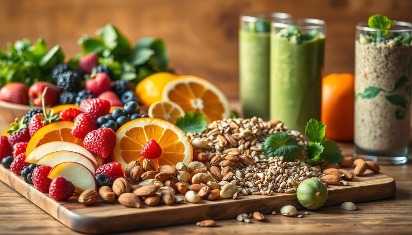 A vibrant still life showcasing a variety of wholesome, athlete-friendly snacks. In the foreground, an assortment of fresh fruits, including juicy berries, crisp apple slices, and lush orange wedges, arranged artfully on a wooden board. In the middle ground, a selection of energy-dense nuts and seeds, such as almonds, cashews, and chia, spilled across the frame. In the background, tall glasses filled with refreshing smoothies made with leafy greens and creamy nut butters. Warm, natural lighting casts a soft glow over the scene, highlighting the vibrant colors and textures of the nutritious offerings. The overall composition conveys a sense of balance, nourishment, and the importance of fueling an active lifestyle with affordable, wholesome snacks. A vibrant still life showcasing a variety of wholesome, athlete-friendly snacks. In the foreground, an assortment of fresh fruits, including juicy berries, crisp apple slices, and lush orange wedges, arranged artfully on a wooden board. In the middle ground, a selection of energy-dense nuts and seeds, such as almonds, cashews, and chia, spilled across the frame. In the background, tall glasses filled with refreshing smoothies made with leafy greens and creamy nut butters. Warm, natural lighting casts a soft glow over the scene, highlighting the vibrant colors and textures of the nutritious offerings. The overall composition conveys a sense of balance, nourishment, and the importance of fueling an active lifestyle with affordable, wholesome snacks.