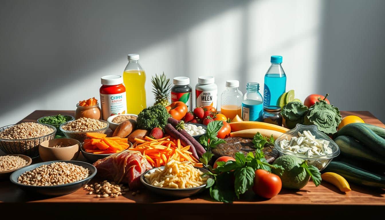 A well-balanced table showcasing an array of nutrient-rich foods essential for athletes' weight loss needs. In the foreground, a variety of whole grains, lean proteins, and vibrant fruits and vegetables are elegantly arranged, casting soft shadows. The middle ground features sports drinks, supplements, and hydration bottles, reflecting the active lifestyle. The background has a minimalist, clean backdrop, allowing the natural colors and textures of the meal to take center stage. Soft, even lighting illuminates the scene, highlighting the appetizing presentation and the health-conscious theme. The overall mood is one of wellness, balance, and culinary delight, inspiring athletes to fuel their bodies for optimal performance and weight management. A well-balanced table showcasing an array of nutrient-rich foods essential for athletes' weight loss needs. In the foreground, a variety of whole grains, lean proteins, and vibrant fruits and vegetables are elegantly arranged, casting soft shadows. The middle ground features sports drinks, supplements, and hydration bottles, reflecting the active lifestyle. The background has a minimalist, clean backdrop, allowing the natural colors and textures of the meal to take center stage. Soft, even lighting illuminates the scene, highlighting the appetizing presentation and the health-conscious theme. The overall mood is one of wellness, balance, and culinary delight, inspiring athletes to fuel their bodies for optimal performance and weight management.