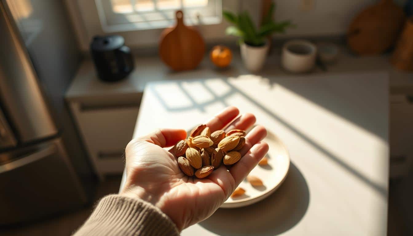 A well-lit close-up photograph of a person's hand holding a healthy snack, like a handful of almonds or dried fruit, against a blurred background of a clean, modern kitchen countertop. The snack is placed on a minimalist, monochrome ceramic plate or bowl, casting soft shadows. The lighting is warm and diffused, creating a cozy, inviting atmosphere. The composition is balanced, with the snack as the central focus, showcasing its freshness and vibrant colors. The image conveys a sense of mindfulness, nourishment, and the importance of fueling the body at the right time. A well-lit close-up photograph of a person's hand holding a healthy snack, like a handful of almonds or dried fruit, against a blurred background of a clean, modern kitchen countertop. The snack is placed on a minimalist, monochrome ceramic plate or bowl, casting soft shadows. The lighting is warm and diffused, creating a cozy, inviting atmosphere. The composition is balanced, with the snack as the central focus, showcasing its freshness and vibrant colors. The image conveys a sense of mindfulness, nourishment, and the importance of fueling the body at the right time.
