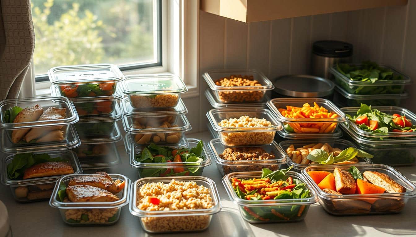A well-stocked kitchen counter overflows with a variety of meal prep containers, each brimming with freshly cooked, nutritious foods. Steaming grilled chicken, seasoned brown rice, crisp roasted vegetables, and vibrant leafy greens fill the compartments, ready to fuel an athlete's active lifestyle. Soft natural light filters in through a nearby window, casting a warm glow on the organized spread. The countertop itself is clean and uncluttered, providing ample space to portion out each balanced meal. This image conveys the efficiency, convenience, and dedication of an athlete's weekly meal prep routine, enabling them to save time, money, and energy for their training and performance. A well-stocked kitchen counter overflows with a variety of meal prep containers, each brimming with freshly cooked, nutritious foods. Steaming grilled chicken, seasoned brown rice, crisp roasted vegetables, and vibrant leafy greens fill the compartments, ready to fuel an athlete's active lifestyle. Soft natural light filters in through a nearby window, casting a warm glow on the organized spread. The countertop itself is clean and uncluttered, providing ample space to portion out each balanced meal. This image conveys the efficiency, convenience, and dedication of an athlete's weekly meal prep routine, enabling them to save time, money, and energy for their training and performance.