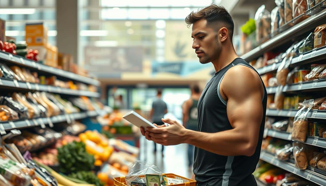 An athlete standing in a well-lit supermarket aisle, examining a selection of fresh produce and whole grain items. The scene is captured with a wide-angle lens, showcasing the expansive space and variety of healthy choices available. Soft, natural lighting filters through large windows, casting a warm, inviting glow. The athlete's expression is one of focused contemplation, as they meticulously plan their grocery list to support their training and nutritional needs. The background is populated with other shoppers, creating a sense of bustling activity, yet the athlete remains centered and calm, embodying a strategic, budget-conscious approach to smart grocery shopping. An athlete standing in a well-lit supermarket aisle, examining a selection of fresh produce and whole grain items. The scene is captured with a wide-angle lens, showcasing the expansive space and variety of healthy choices available. Soft, natural lighting filters through large windows, casting a warm, inviting glow. The athlete's expression is one of focused contemplation, as they meticulously plan their grocery list to support their training and nutritional needs. The background is populated with other shoppers, creating a sense of bustling activity, yet the athlete remains centered and calm, embodying a strategic, budget-conscious approach to smart grocery shopping.