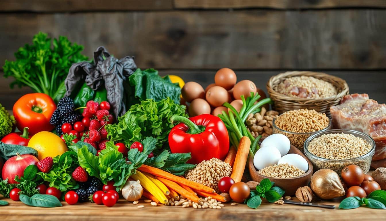 Crisp and vivid still life composition depicting a diverse array of healthy, nutrient-dense foods. In the foreground, an array of fresh fruits and vegetables, including leafy greens, berries, and colorful bell peppers, artfully arranged on a wooden table. In the middle ground, various protein sources such as eggs, nuts, and lean meats, complemented by whole grains like quinoa and brown rice. The background features a natural, rustic environment with a subtle, warm lighting that accentuates the vibrant colors and textures of the ingredients. The scene conveys a sense of balance, wholeness, and the vital role of proper nutrition in fueling athletic performance. Crisp and vivid still life composition depicting a diverse array of healthy, nutrient-dense foods. In the foreground, an array of fresh fruits and vegetables, including leafy greens, berries, and colorful bell peppers, artfully arranged on a wooden table. In the middle ground, various protein sources such as eggs, nuts, and lean meats, complemented by whole grains like quinoa and brown rice. The background features a natural, rustic environment with a subtle, warm lighting that accentuates the vibrant colors and textures of the ingredients. The scene conveys a sense of balance, wholeness, and the vital role of proper nutrition in fueling athletic performance.