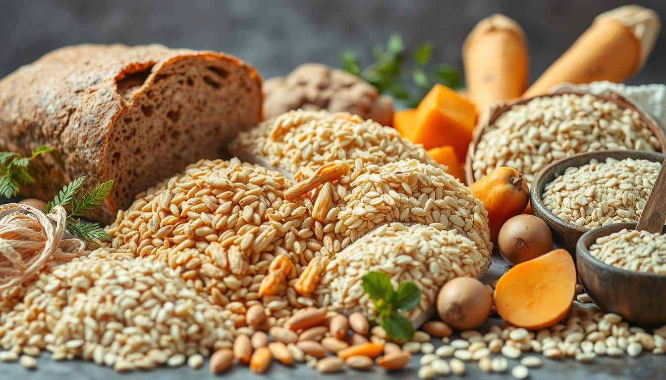 Detailed still life of various carbohydrate-rich foods in a natural, well-lit setting. Crisp, high-resolution image showcasing the vibrant colors, textures, and intricate details of a diverse assortment of whole grains, starchy vegetables, and complex carbohydrate sources. Prominent items include whole wheat bread, brown rice, sweet potatoes, quinoa, and oats, arranged in a visually appealing composition that emphasizes their role as essential macronutrients for athletic performance. Soft, directional lighting illuminates the scene, creating depth and shadow to enhance the realistic, high-quality appearance. The overall atmosphere conveys a sense of health, vitality, and the importance of properly fueling the body for optimal sprint and speed training. Detailed still life of various carbohydrate-rich foods in a natural, well-lit setting. Crisp, high-resolution image showcasing the vibrant colors, textures, and intricate details of a diverse assortment of whole grains, starchy vegetables, and complex carbohydrate sources. Prominent items include whole wheat bread, brown rice, sweet potatoes, quinoa, and oats, arranged in a visually appealing composition that emphasizes their role as essential macronutrients for athletic performance. Soft, directional lighting illuminates the scene, creating depth and shadow to enhance the realistic, high-quality appearance. The overall atmosphere conveys a sense of health, vitality, and the importance of properly fueling the body for optimal sprint and speed training.