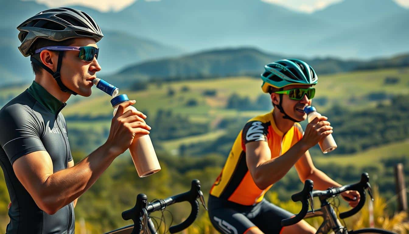 a high-quality, photorealistic image of two fit, healthy cyclists drinking bottles of whey protein shakes in a scenic outdoor setting. The cyclists are wearing sleek, brightly-colored cycling gear and helmets, with their bicycles visible in the background. The lighting is natural and creates a warm, inviting atmosphere. The cyclists are positioned in the foreground, with a lush, green landscape and mountains in the distance. The image conveys the idea of peak athletic performance and optimal nutrition for cyclists. a high-quality, photorealistic image of two fit, healthy cyclists drinking bottles of whey protein shakes in a scenic outdoor setting. The cyclists are wearing sleek, brightly-colored cycling gear and helmets, with their bicycles visible in the background. The lighting is natural and creates a warm, inviting atmosphere. The cyclists are positioned in the foreground, with a lush, green landscape and mountains in the distance. The image conveys the idea of peak athletic performance and optimal nutrition for cyclists.