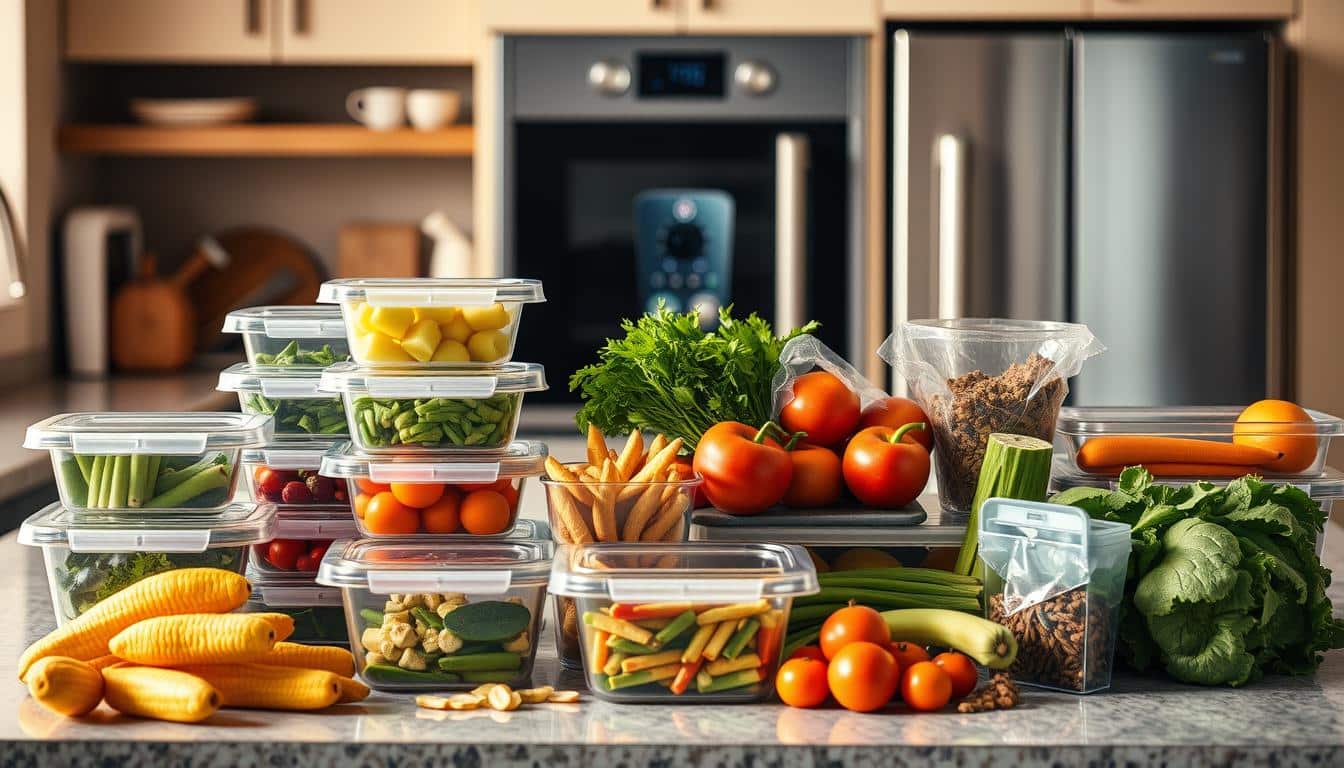 a hyper-realistic photo of a well-organized kitchen counter with a variety of meal prep containers, fresh vegetables, fruits, and healthy snacks, illuminated by warm, natural lighting, with a sleek, modern appliance in the background, conveying the convenience and benefits of meal preparation for an active lifestyle a hyper-realistic photo of a well-organized kitchen counter with a variety of meal prep containers, fresh vegetables, fruits, and healthy snacks, illuminated by warm, natural lighting, with a sleek, modern appliance in the background, conveying the convenience and benefits of meal preparation for an active lifestyle