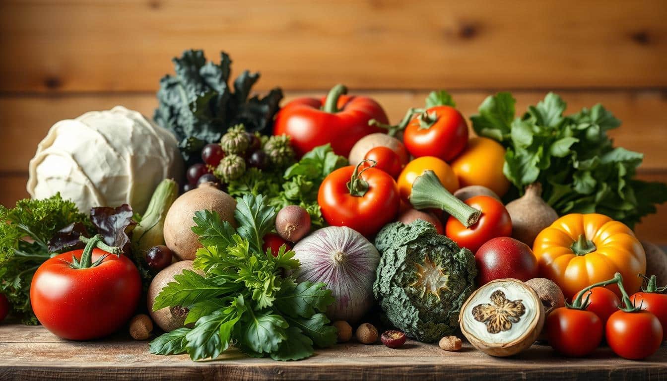 A bountiful still life arrangement of fresh, whole foods against a warm, natural backdrop. An array of seasonal produce - vibrant green leafy greens, ruby-red tomatoes, earthy root vegetables, and crisp, juicy fruits - artfully arranged on a rustic wooden table. Soft, natural lighting gently illuminates the scene, highlighting the textures and colors of the ingredients. The composition conveys a sense of abundance, wholesomeness, and vitality, perfectly capturing the essence of building a healthy, energizing diet with whole, minimally processed foods. A bountiful still life arrangement of fresh, whole foods against a warm, natural backdrop. An array of seasonal produce - vibrant green leafy greens, ruby-red tomatoes, earthy root vegetables, and crisp, juicy fruits - artfully arranged on a rustic wooden table. Soft, natural lighting gently illuminates the scene, highlighting the textures and colors of the ingredients. The composition conveys a sense of abundance, wholesomeness, and vitality, perfectly capturing the essence of building a healthy, energizing diet with whole, minimally processed foods.
