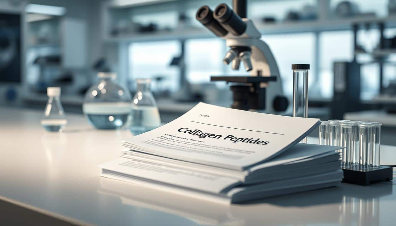 A clean, well-lit laboratory setting. On a pristine lab bench, a stack of scientific papers with a title "Collagen Peptides Study Results" sits alongside a high-magnification microscope, a beaker of clear liquid, and several test tubes. The lighting is soft and diffuse, casting gentle shadows that accentuate the textures and details of the objects. The background is a blurred, out-of-focus view of laboratory equipment and instrumentation, conveying a sense of a professional, research-driven environment. The overall mood is one of careful, meticulous scientific inquiry. A clean, well-lit laboratory setting. On a pristine lab bench, a stack of scientific papers with a title "Collagen Peptides Study Results" sits alongside a high-magnification microscope, a beaker of clear liquid, and several test tubes. The lighting is soft and diffuse, casting gentle shadows that accentuate the textures and details of the objects. The background is a blurred, out-of-focus view of laboratory equipment and instrumentation, conveying a sense of a professional, research-driven environment. The overall mood is one of careful, meticulous scientific inquiry.