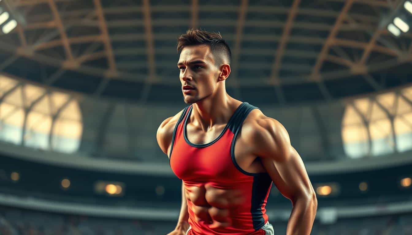 A close-up, high-resolution photograph of a professional athlete, a male sprinter, in full competition gear. The athlete is standing in a dynamic running stance, with muscles taut and face determined, against a blurred background of a modern sports stadium. The lighting is dramatic, with warm tones highlighting the athlete's chiseled physique and the vibrant colors of his uniform. The image conveys the importance of zinc for optimal athletic performance, with the athlete's healthy, glowing skin and powerful physicality serving as a testament to the mineral's benefits. A close-up, high-resolution photograph of a professional athlete, a male sprinter, in full competition gear. The athlete is standing in a dynamic running stance, with muscles taut and face determined, against a blurred background of a modern sports stadium. The lighting is dramatic, with warm tones highlighting the athlete's chiseled physique and the vibrant colors of his uniform. The image conveys the importance of zinc for optimal athletic performance, with the athlete's healthy, glowing skin and powerful physicality serving as a testament to the mineral's benefits.