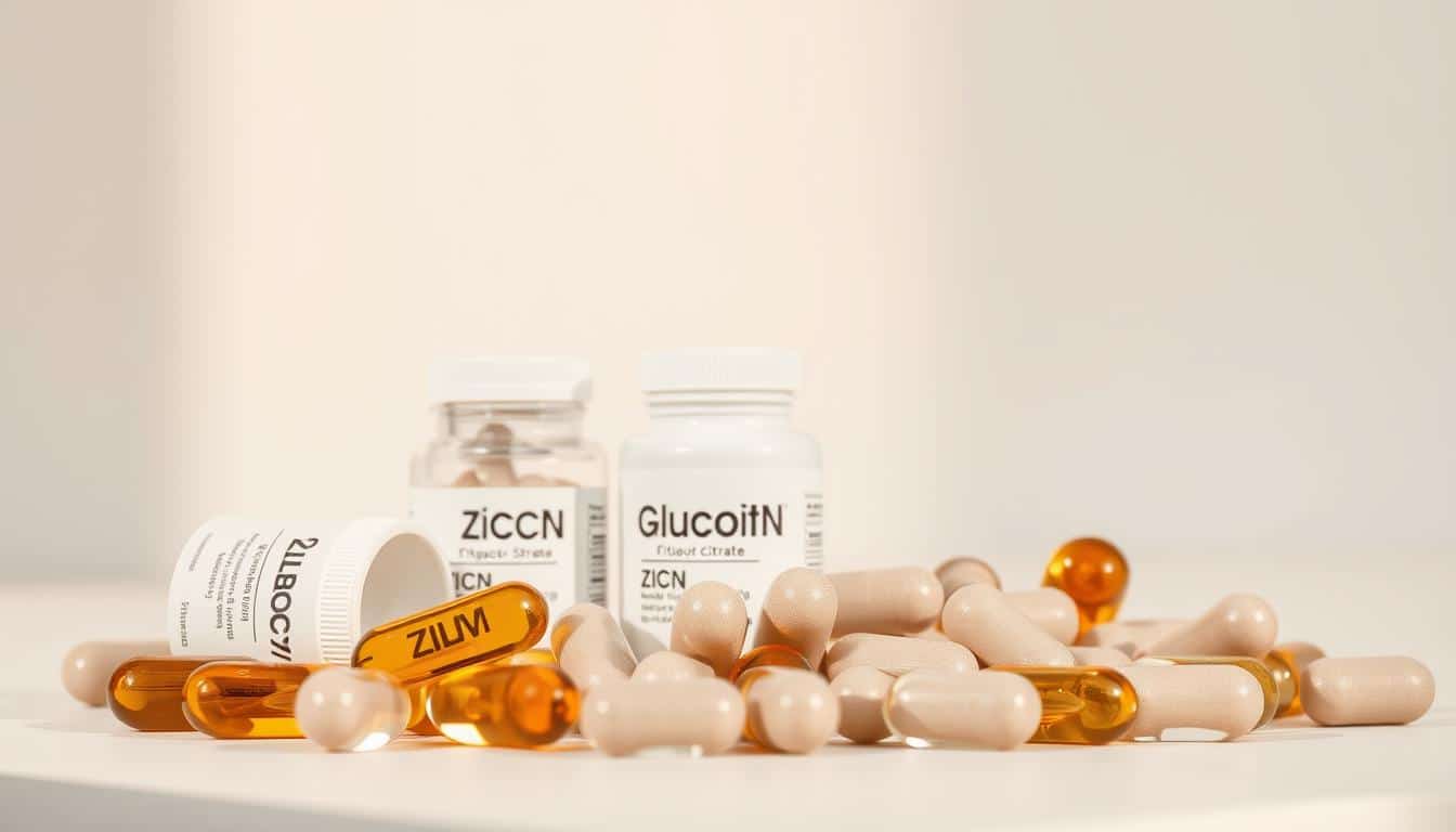A close-up, highly detailed, and realistic image depicting a collection of zinc supplements, such as zinc gluconate or zinc citrate capsules, against a clean, minimalist background. The supplements are arranged in a way that showcases their forms, textures, and the quality of their ingredients. The lighting is natural and creates a warm, inviting atmosphere, highlighting the nutrients and energy-boosting properties of zinc. The image should convey a sense of purity, vitality, and the important role zinc plays in supporting the body's recovery and performance systems. A close-up, highly detailed, and realistic image depicting a collection of zinc supplements, such as zinc gluconate or zinc citrate capsules, against a clean, minimalist background. The supplements are arranged in a way that showcases their forms, textures, and the quality of their ingredients. The lighting is natural and creates a warm, inviting atmosphere, highlighting the nutrients and energy-boosting properties of zinc. The image should convey a sense of purity, vitality, and the important role zinc plays in supporting the body's recovery and performance systems.